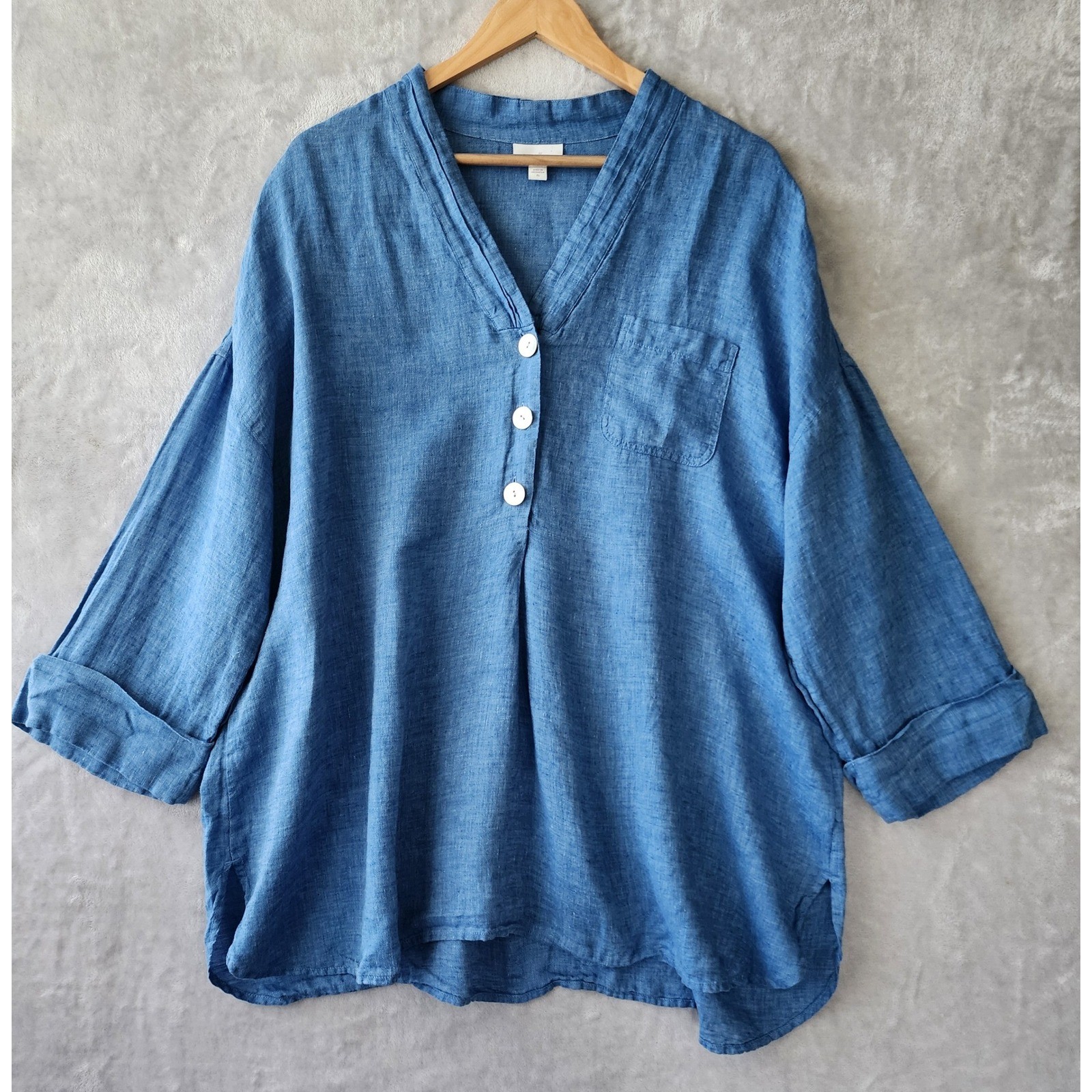 J. Jill Linen Top Womens Size XL Blue Button Neck Blouse Shirt Pocket Pure 100% J. Jill Linen Top Womens Size XL Blue Button Neck Blouse Shirt Pocket Pure 100%