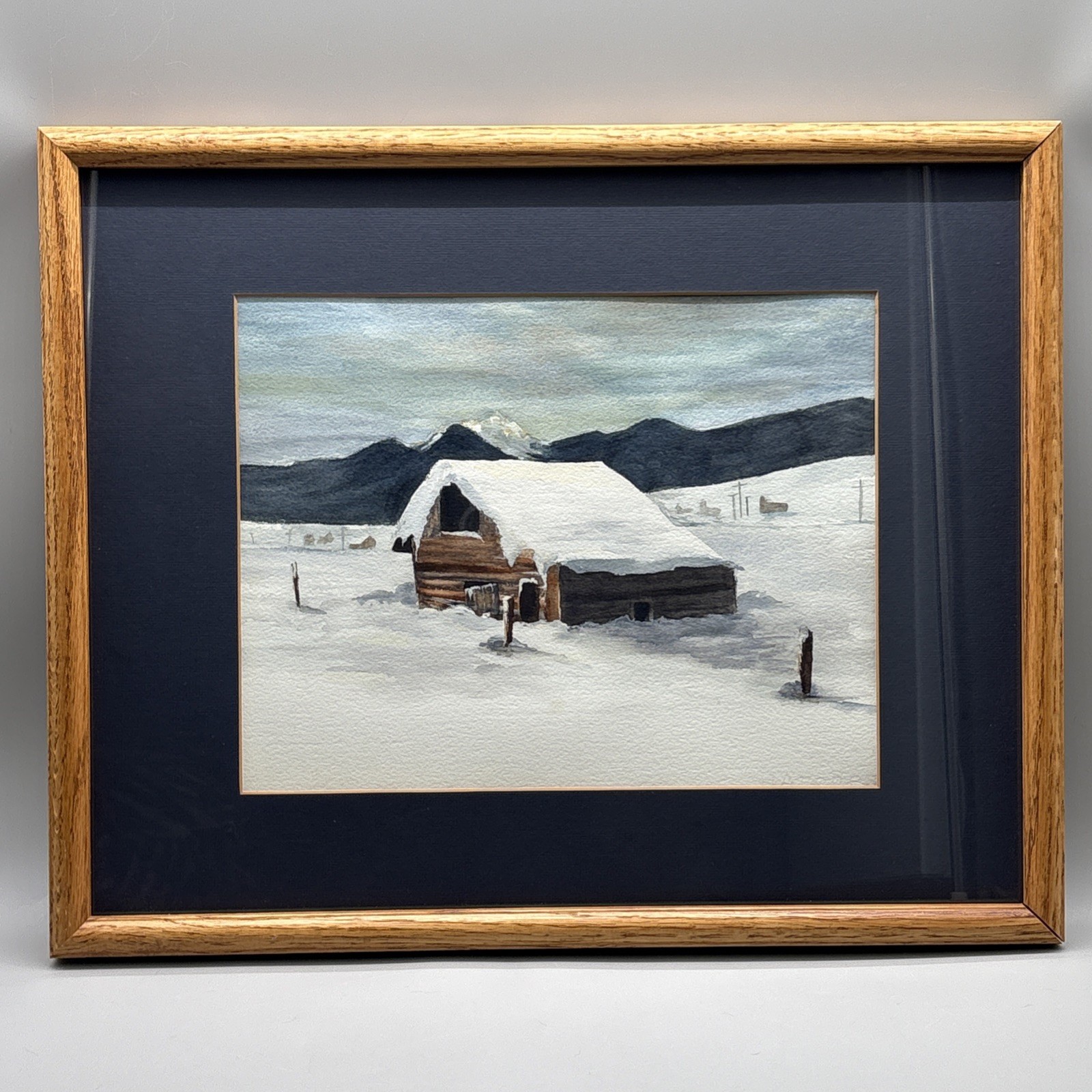 Original Watercolor Winter Landscape Painting Arches Paper Cabin Snow Framed Art