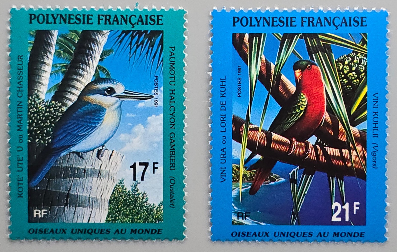 French Polynesia 1991 Endemic Birds MNH Set of 2 — Tuamotu Kingfisher & Kuhl\'s