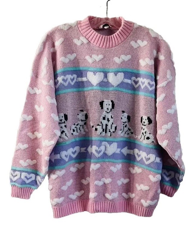 Vintage Adele Knitwear Sweater Dalmatian Pastel Hearts 80\'s Pink White Purple XL Vintage Adele Knitwear Sweater Dalmatian Pastel Hearts 80\'s Pink White Purple XL