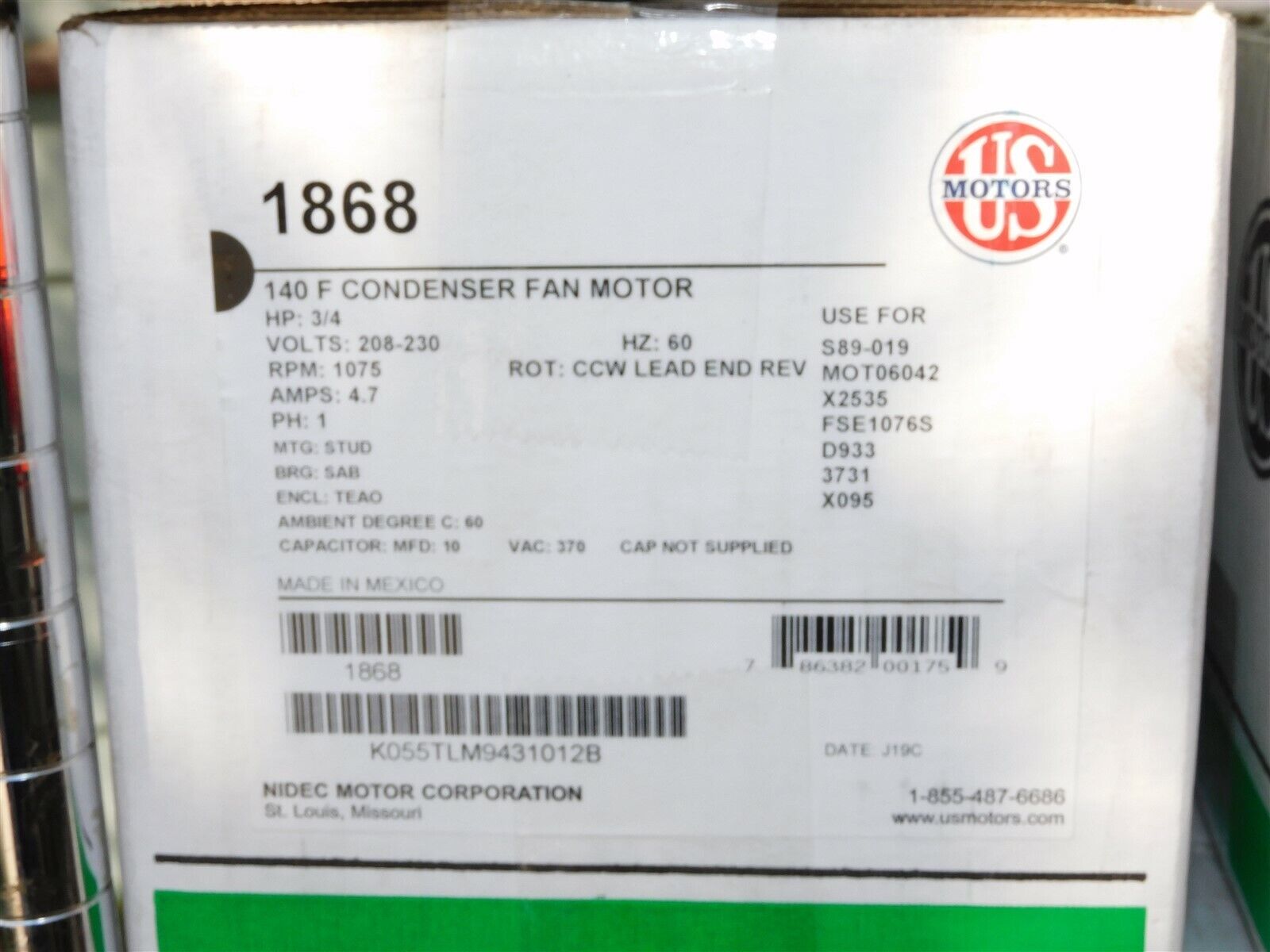 US Motors 1868 208-230V Air Conditioning F Condenser Fan Motor 3/4 HP 