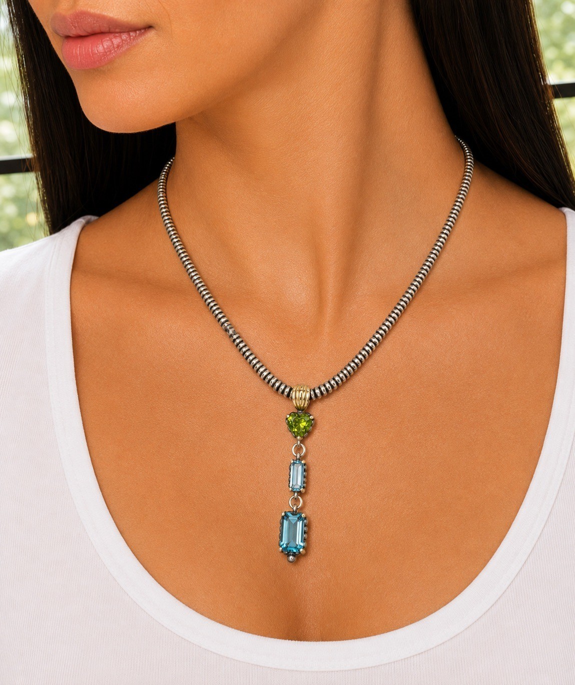 Estate Lagos Caviar 925 Silver 18K Gold Gemstone Pendant Necklace 18\