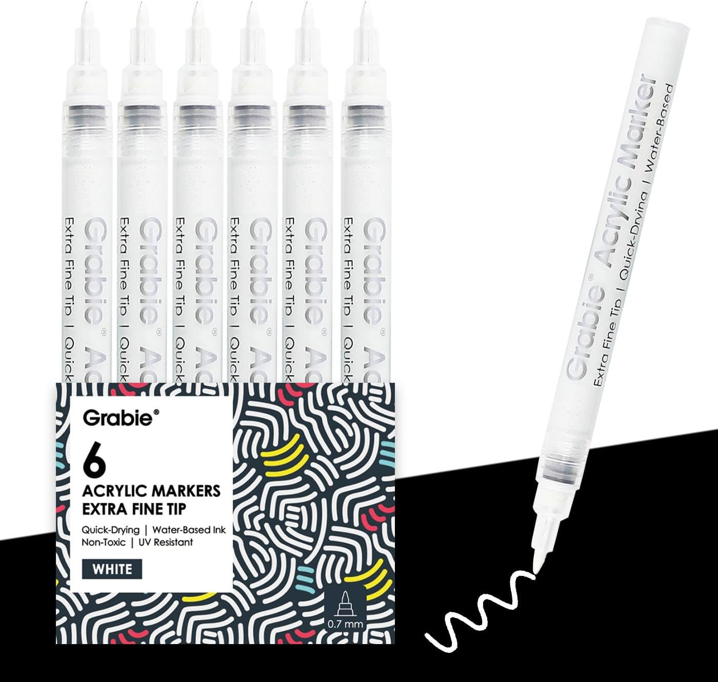 Grabie 6 Pack White Acrylic Paint Markers 0.7mm Extra Fine Tip Pens