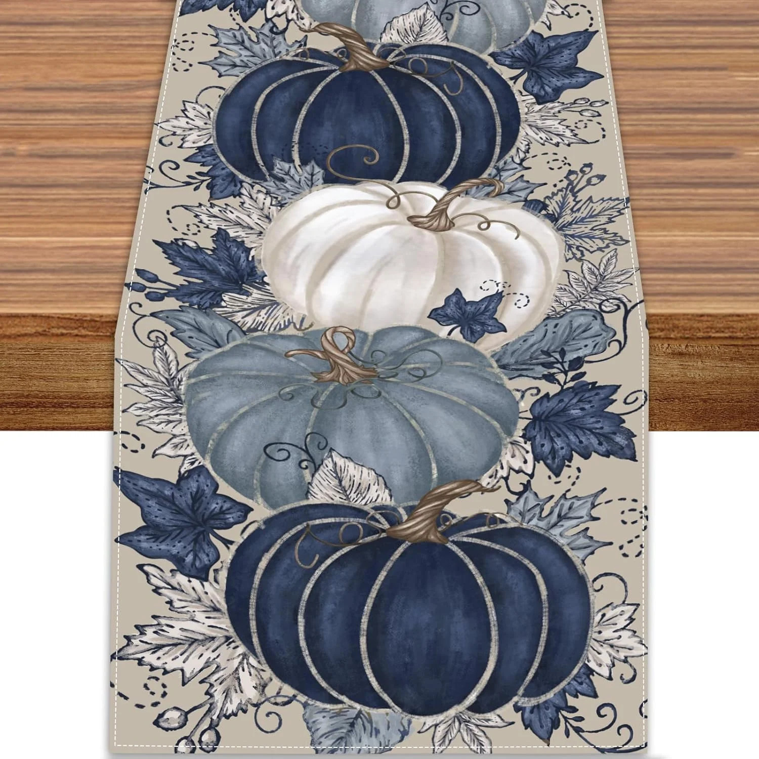 Fall Thanksgiving Table Runner Blue Vintage Pumpkin Maple Leaf Decorative | Autu
