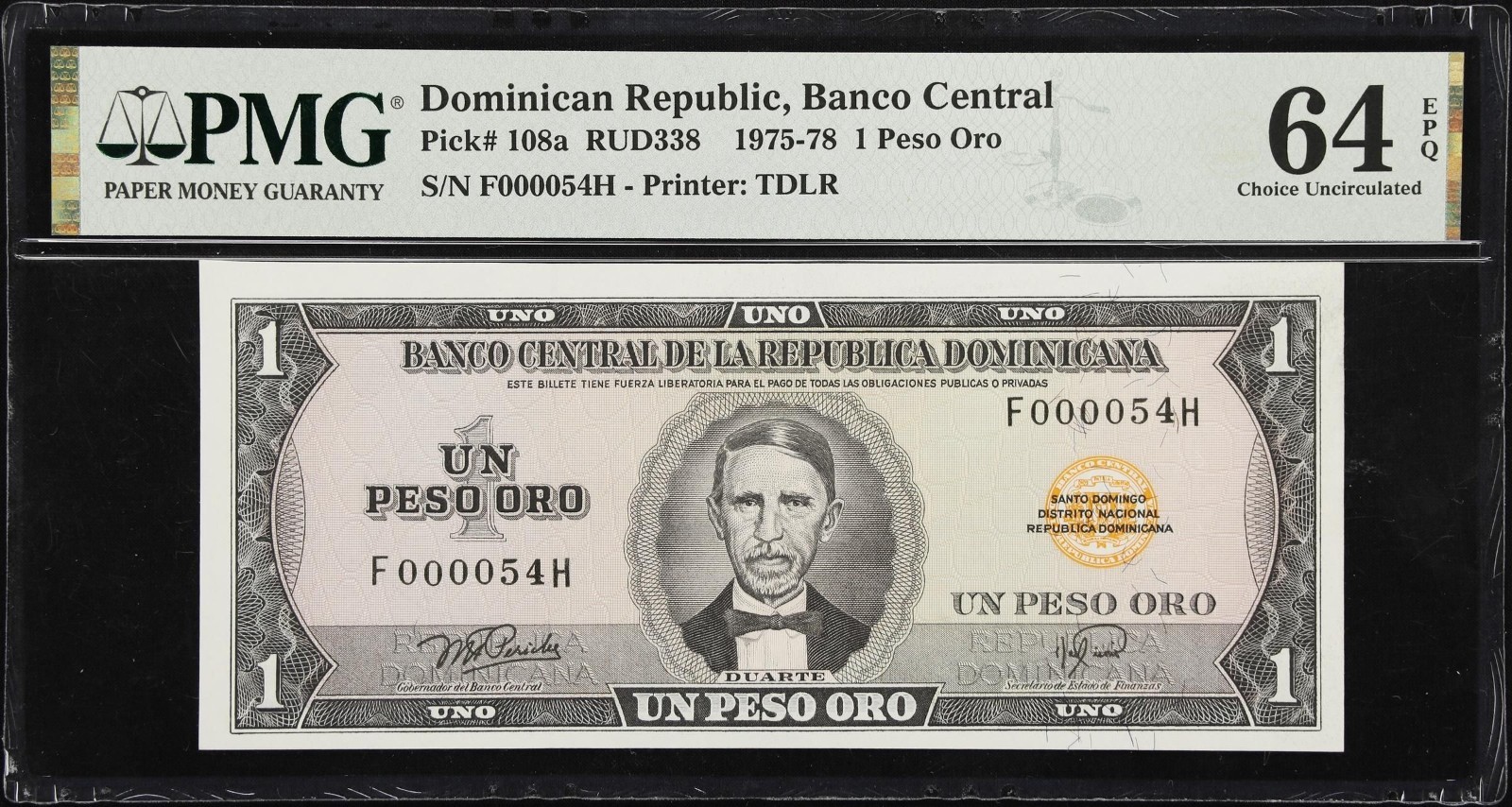 Dominican Republic (LOW SERIAL #000054) 1 PESO ORO 1975 - 1978 (PMG) UNC-64 EPQ Dominican Republic (LOW SERIAL #000054) 1 PESO ORO 1975 - 1978 (PMG) UNC-64 EPQ