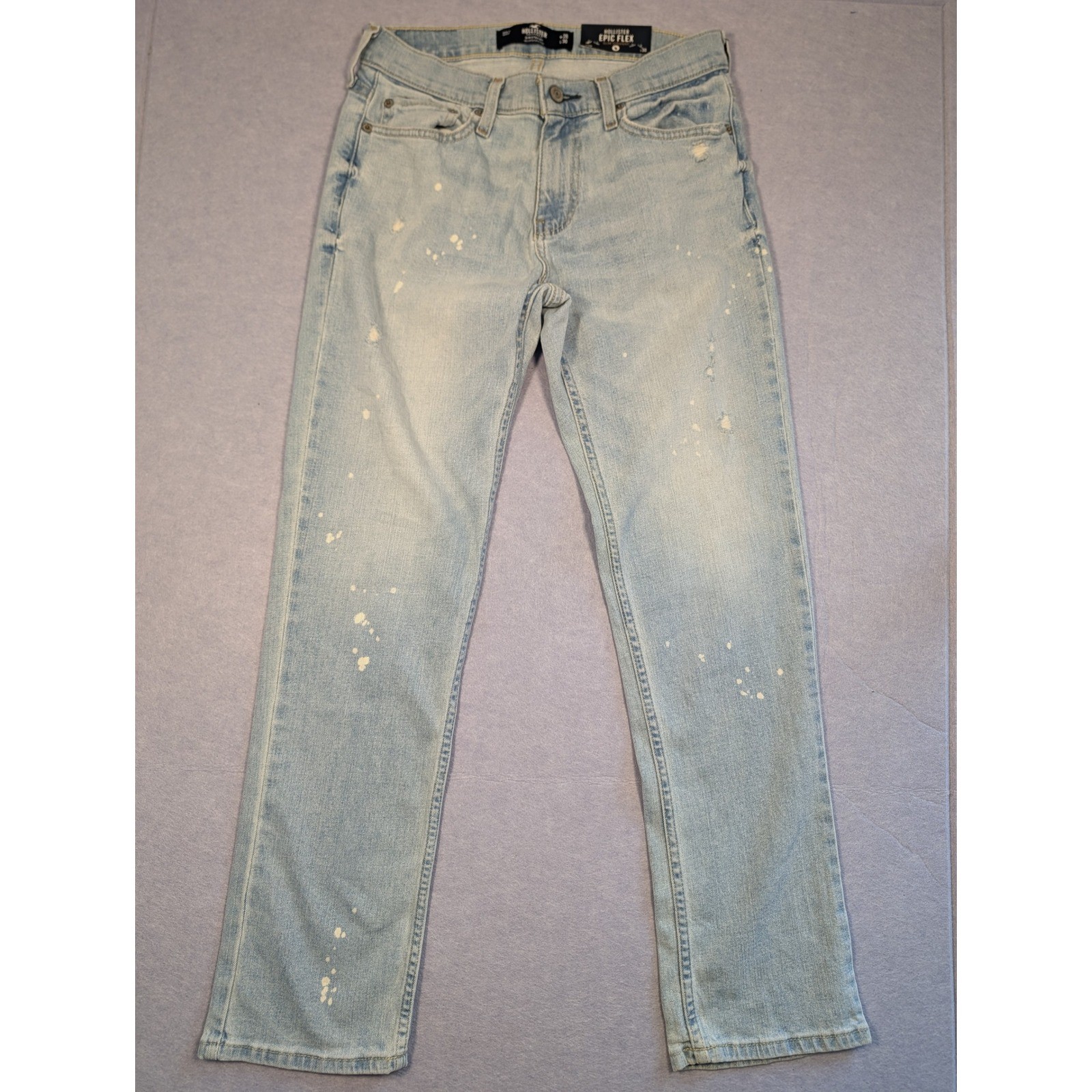 Hollister Epic Flex Slim Straight Jeans Mens 28x30 Light Wash Paint Splatter NWT Hollister Epic Flex Slim Straight Jeans Mens 28x30 Light Wash Paint Splatter NWT