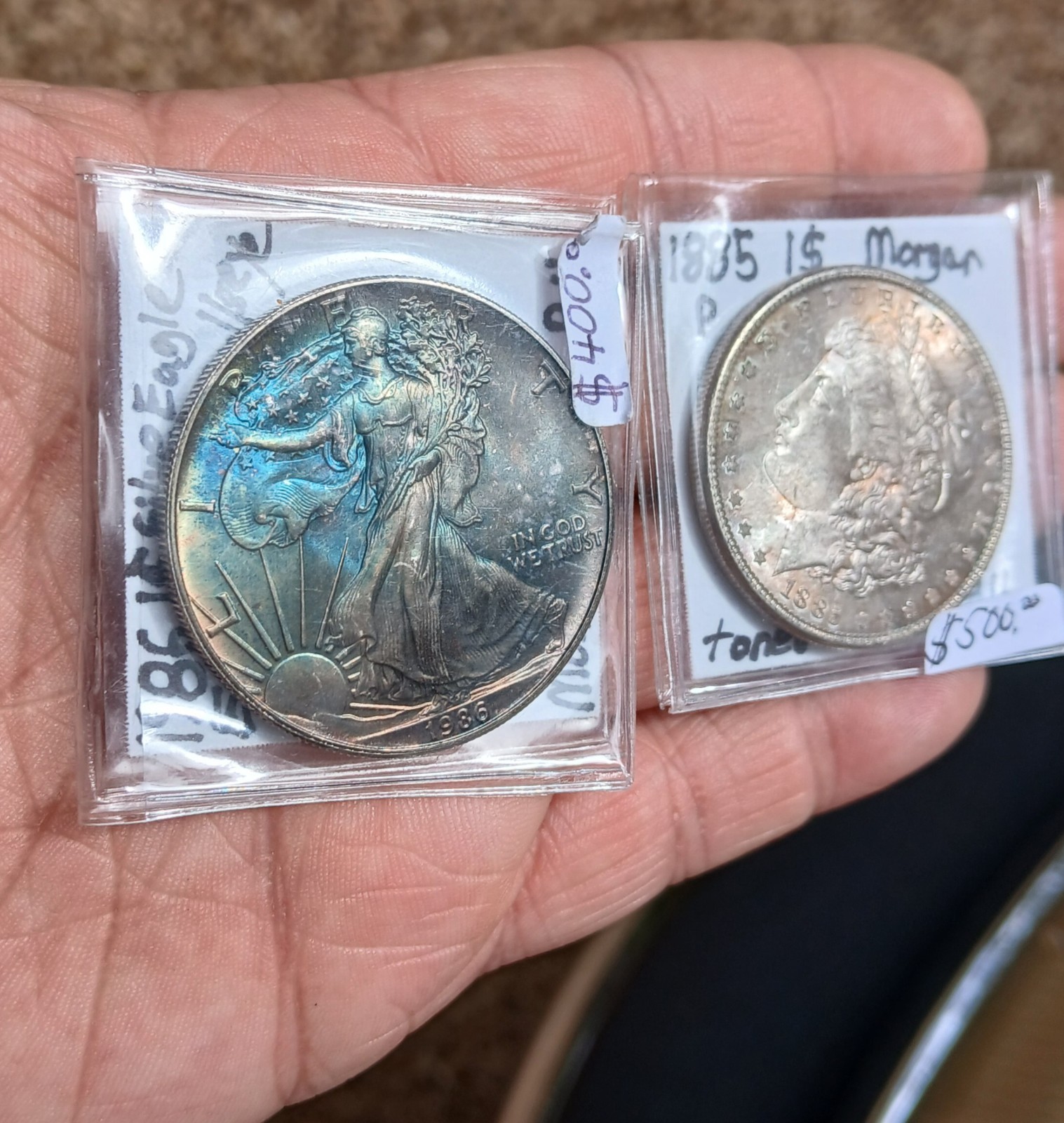 1885 Morgan AND 1986 SILVER EAGLE MONSTER TONED 2 PACK BEAUTIFUL COINS MUST SEE 1885 Morgan AND 1986 SILVER EAGLE MONSTER TONED 2 PACK BEAUTIFUL COINS MUST SEE