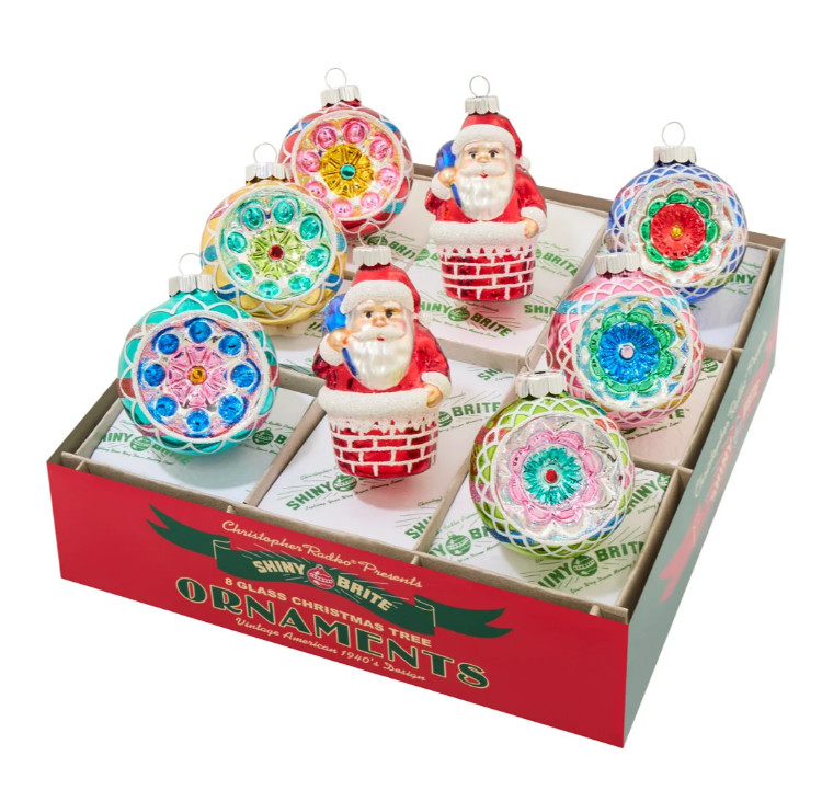 Christopher Radko Shiny Brite Glass Christmas Ornaments Santa Reflector Set 8