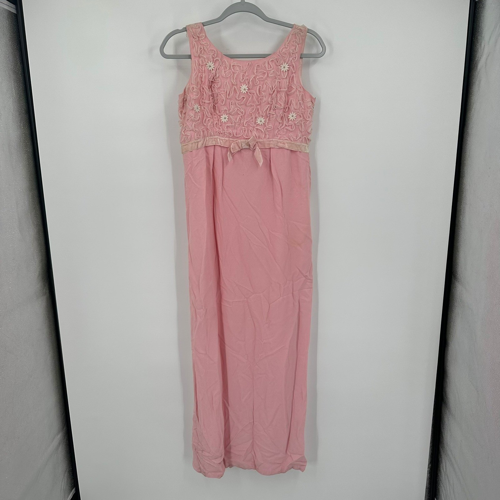 Vintage Womens Pink Coquette Empire Waist Maxi Dress Size S Ruffle Floral Bodice