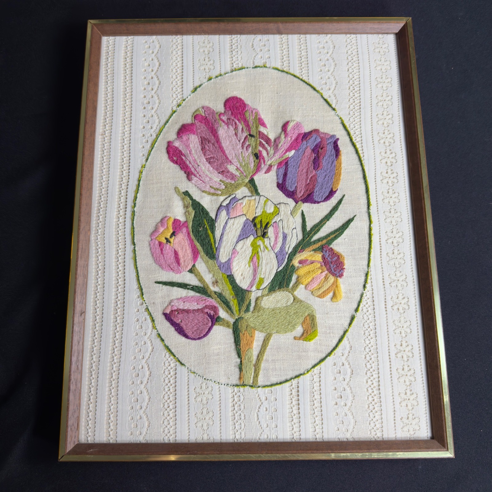 Vintage Crewel Embroidery Floral Tulip Wall Art Framed Lace Trim Cottagecore Vintage Crewel Embroidery Floral Tulip Wall Art Framed Lace Trim Cottagecore