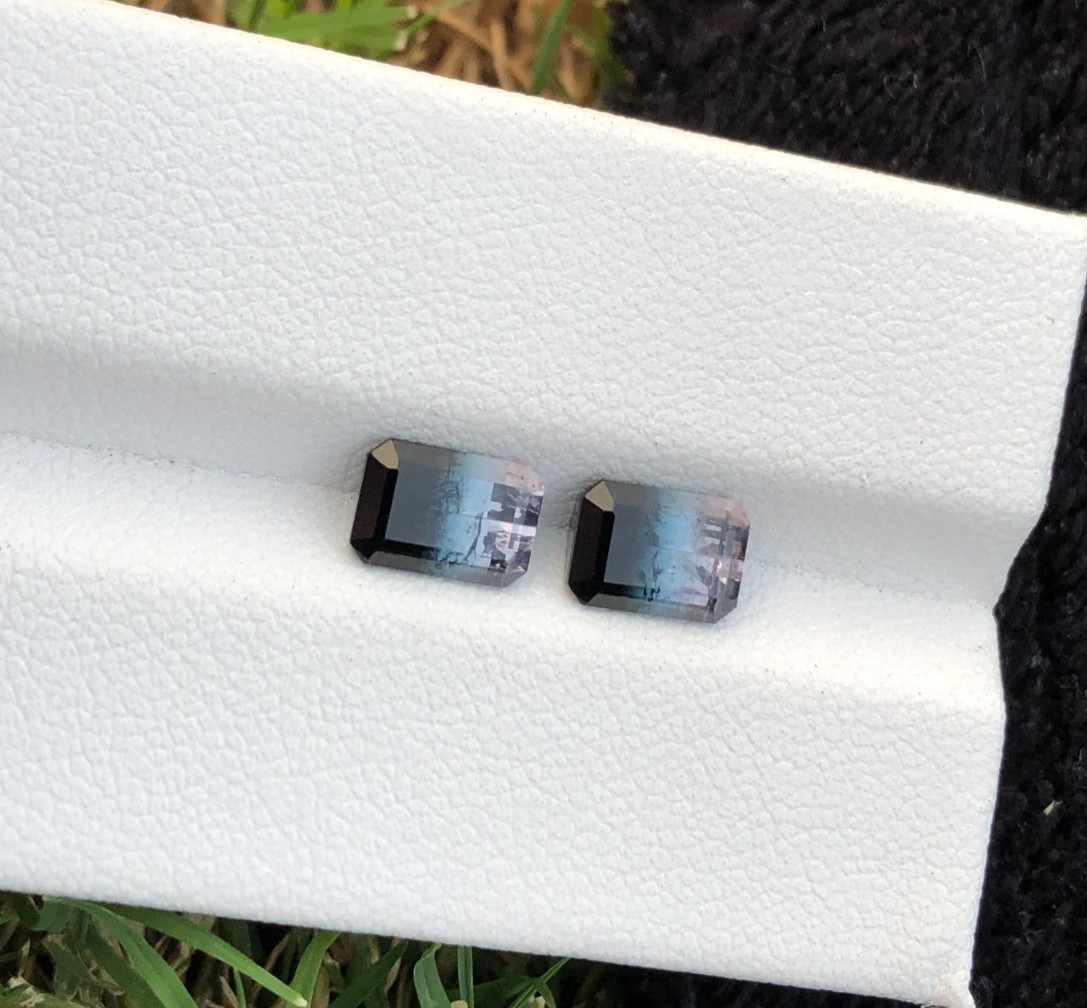 Natural Tri Color Tourmaline Emerald cut Faceted Pair