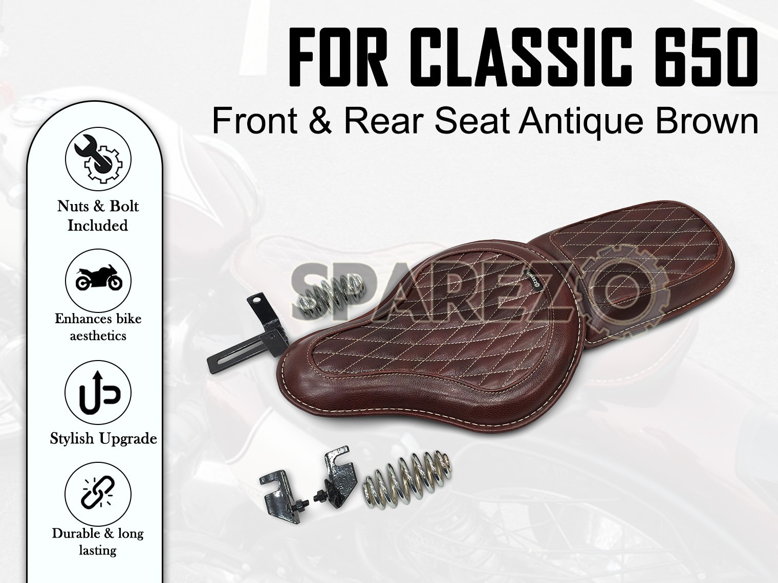 For Royal Enfield Classic 650 Genuine Leather Front & Rear Seat Antique Brown