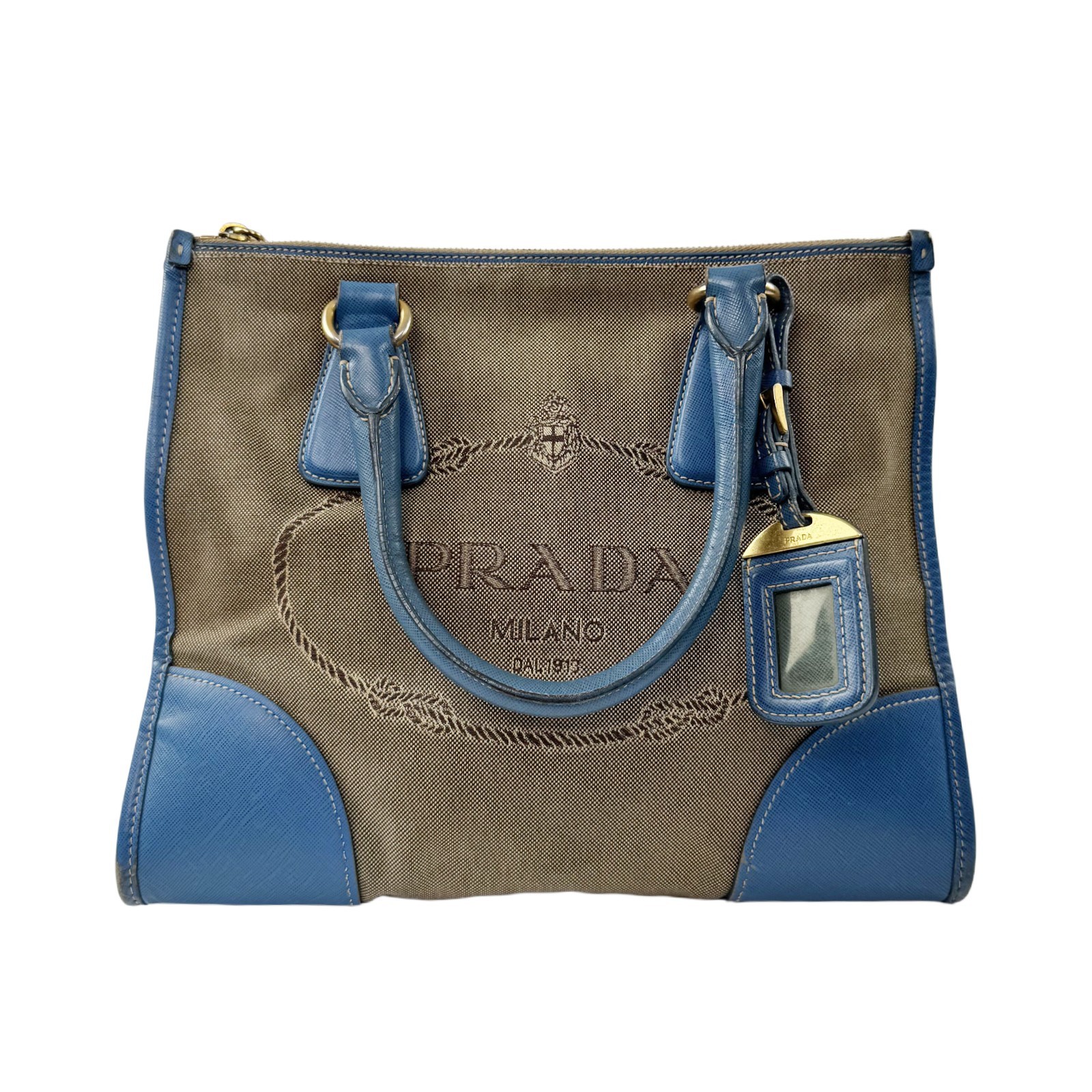 Authentic pre-owned Prada brown jacquard canvas tote bag.