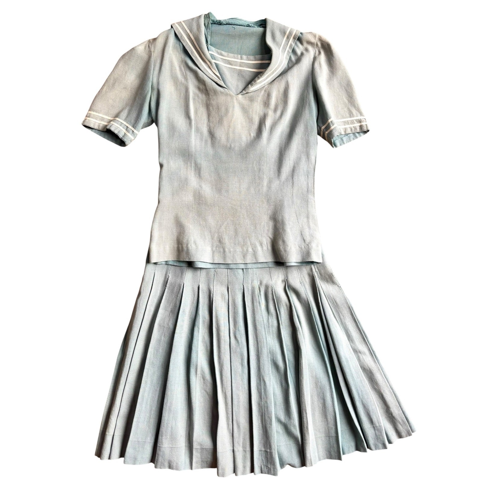 1940s Vintage Blue Cotton Sailor Blouse Pleated Skirt Set Side Snaps Ribbon Trim