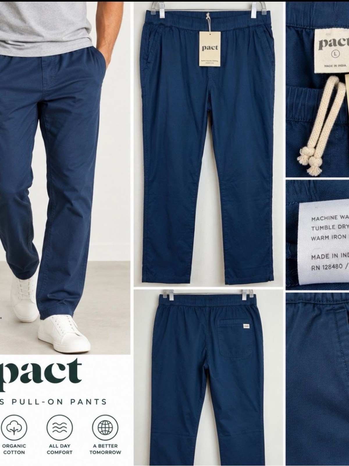 Pact Men’s Organic Cotton Pull-On Pants Navy Blue Size Large NWT