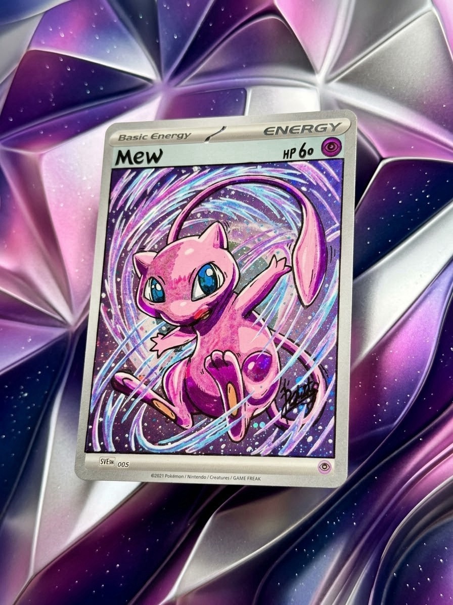 Hand Painted Mew On Holo Energy Pokemon Card By: Potato Hand Painted Mew On Holo Energy Pokemon Card By: Potato