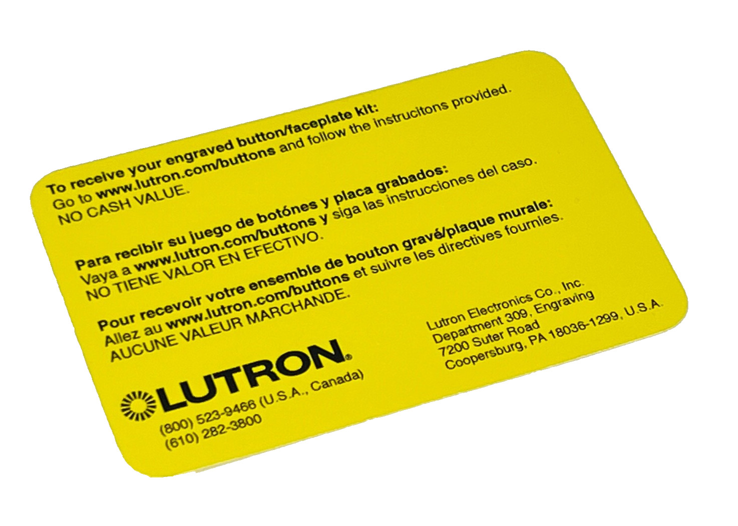 Lutron Prepaid Engraving Certificate RadioRa2 RadioRa3 HWQS Homeworks - NEW