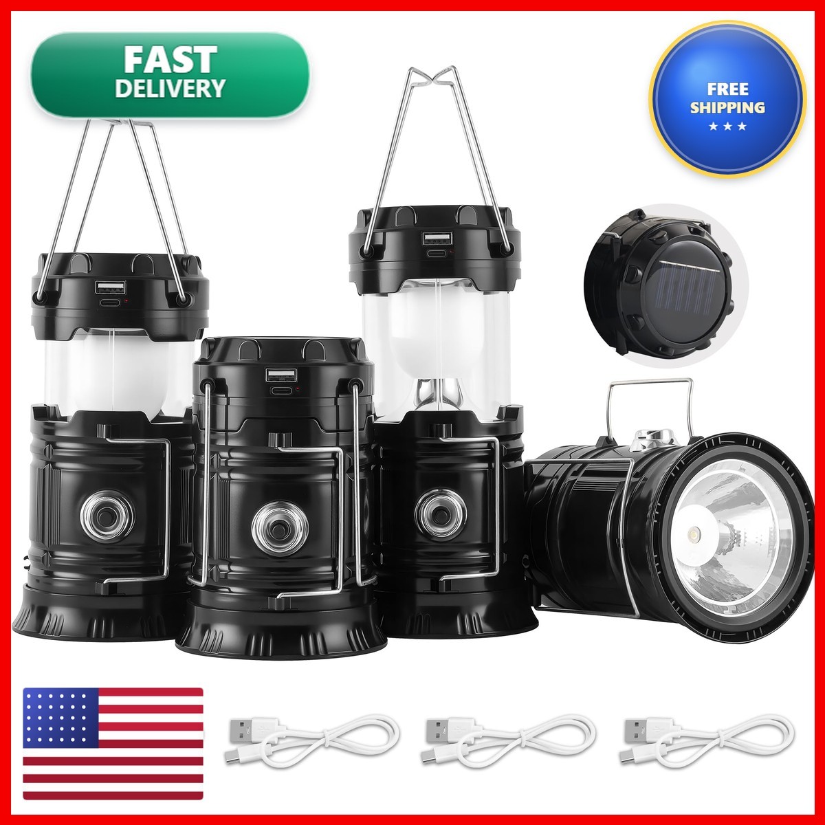 Lichamp CLS-L004BK 4-Pack Solar USB Rechargeable LED Collapsible Camping Lantern