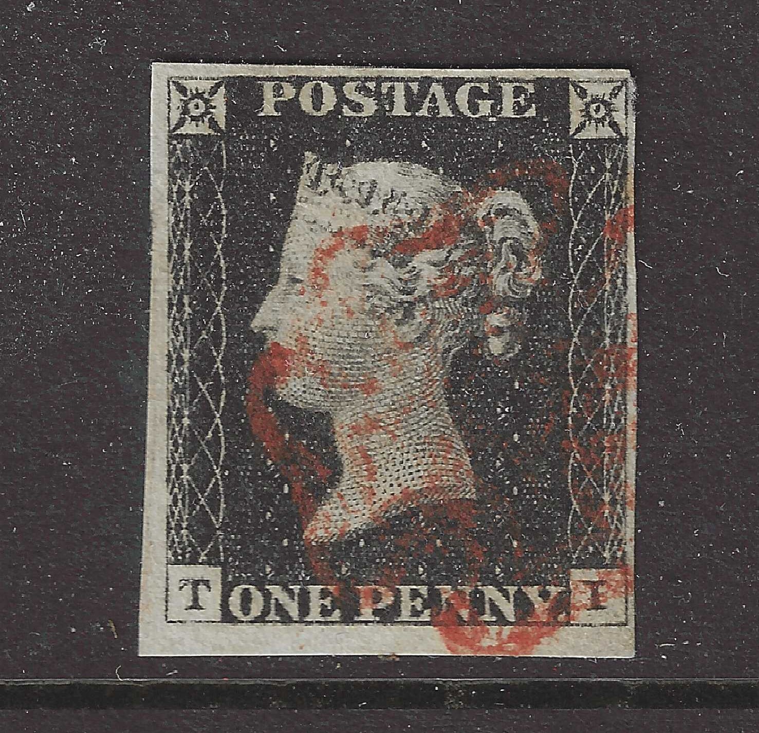 SG2 1840 1d black Stamp, TI, plate 2, 4 good margins, GB, QV, Red Maltese Cross SG2 1840 1d black Stamp, TI, plate 2, 4 good margins, GB, QV, Red Maltese Cross