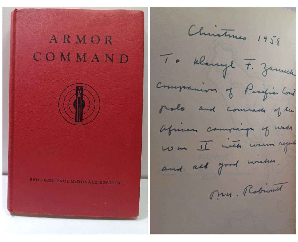1958 Armor Command Gen Paul Robinett Signed to Darryl F. Zanuck Book JRR49 1958 Armor Command Gen Paul Robinett Signed to Darryl F. Zanuck Book JRR49