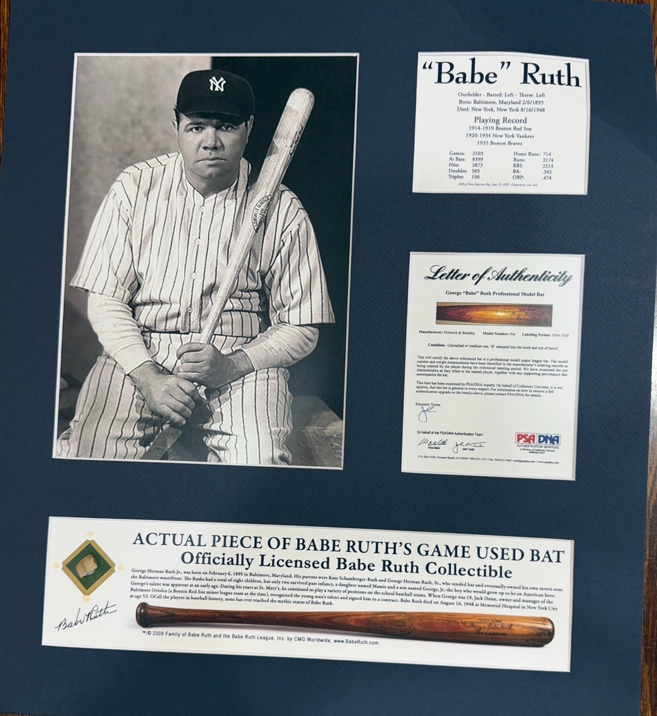 Babe Ruth Yankees Game-Used Bat Piece 16x18 Matted Display PSA LOA Copy