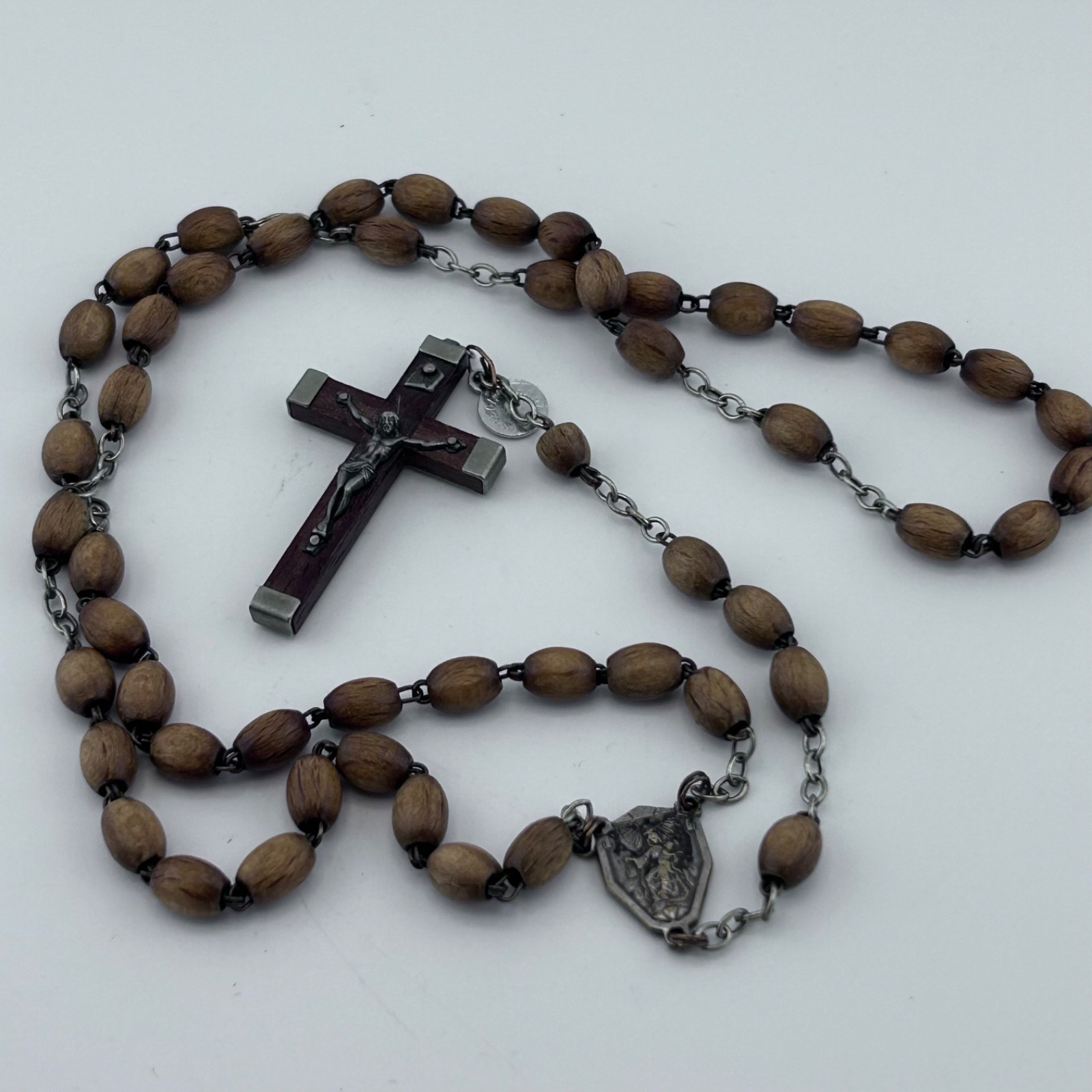 Vintage French Wood Rosary Beads Catholic Marian Center Metal Necklace Vintage French Wood Rosary Beads Catholic Marian Center Metal Necklace