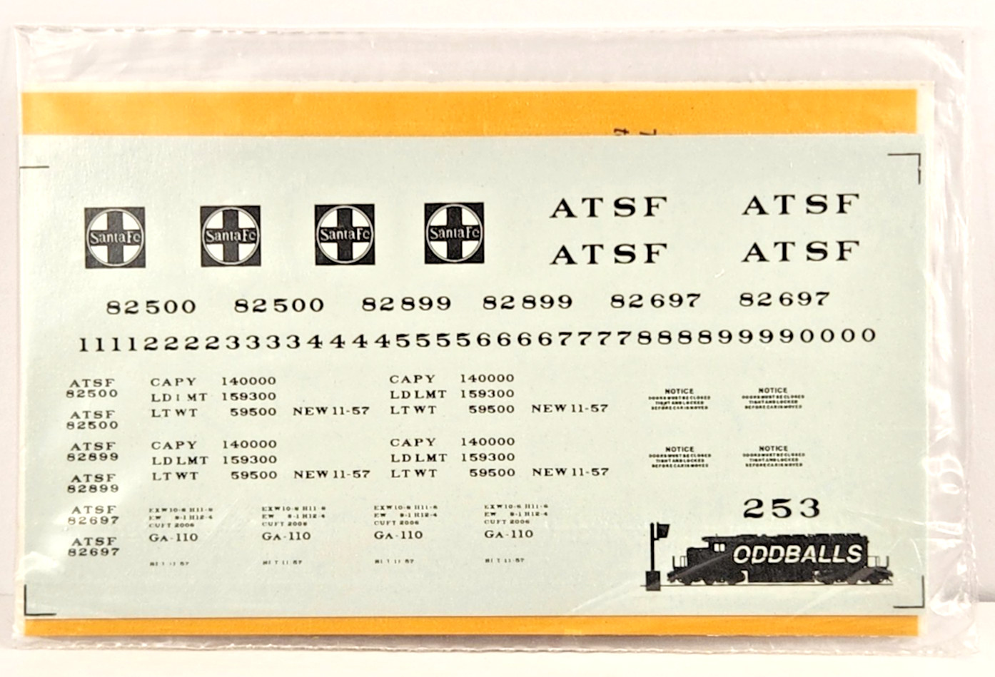 Oddballs HO Scale Decal #187-253 ATSF 2006 cu ft Cement Hopper