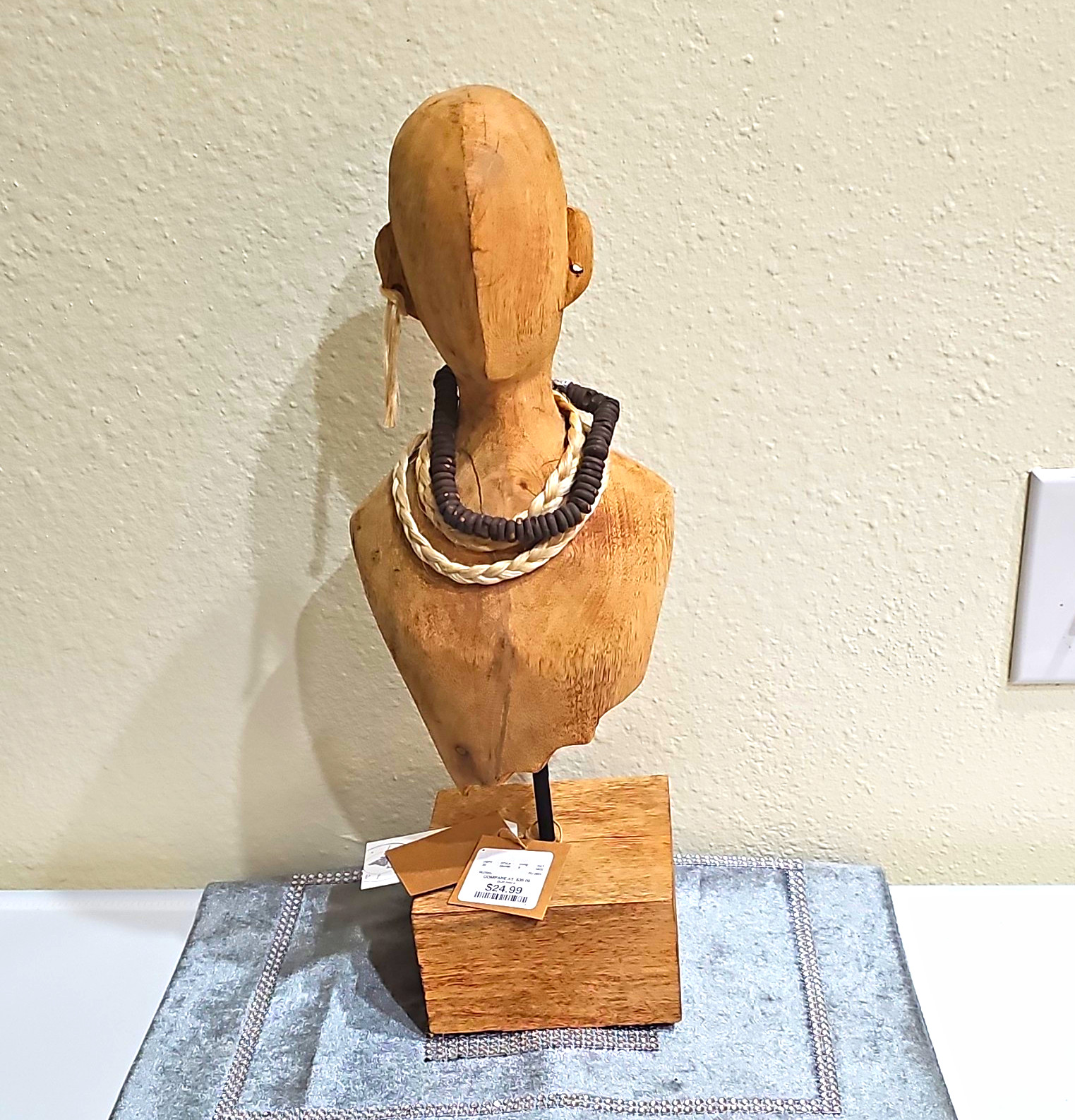 vintage Hand-Carved Wood & Metal Bust Sculpture /Stand / Beaded Necklace 18×4 vintage Hand-Carved Wood & Metal Bust Sculpture /Stand / Beaded Necklace 18×4