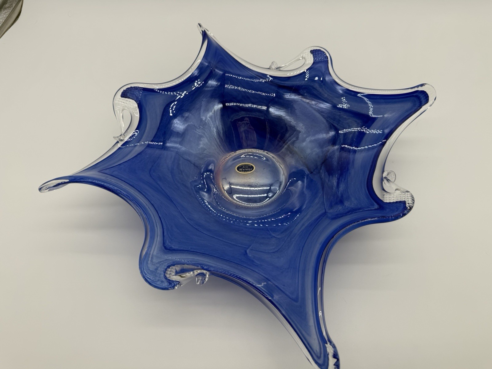 Vintage Murano Lavorazione Arte freeform blue glass centerpiece bowl. Vintage Murano Lavorazione Arte freeform blue glass centerpiece bowl.