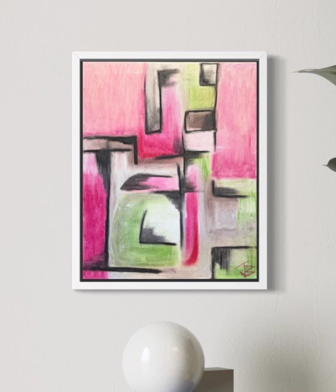 Original Abstract Oil Pastel Painting 16x20 On Canvas Jobu OOAK Pink Green