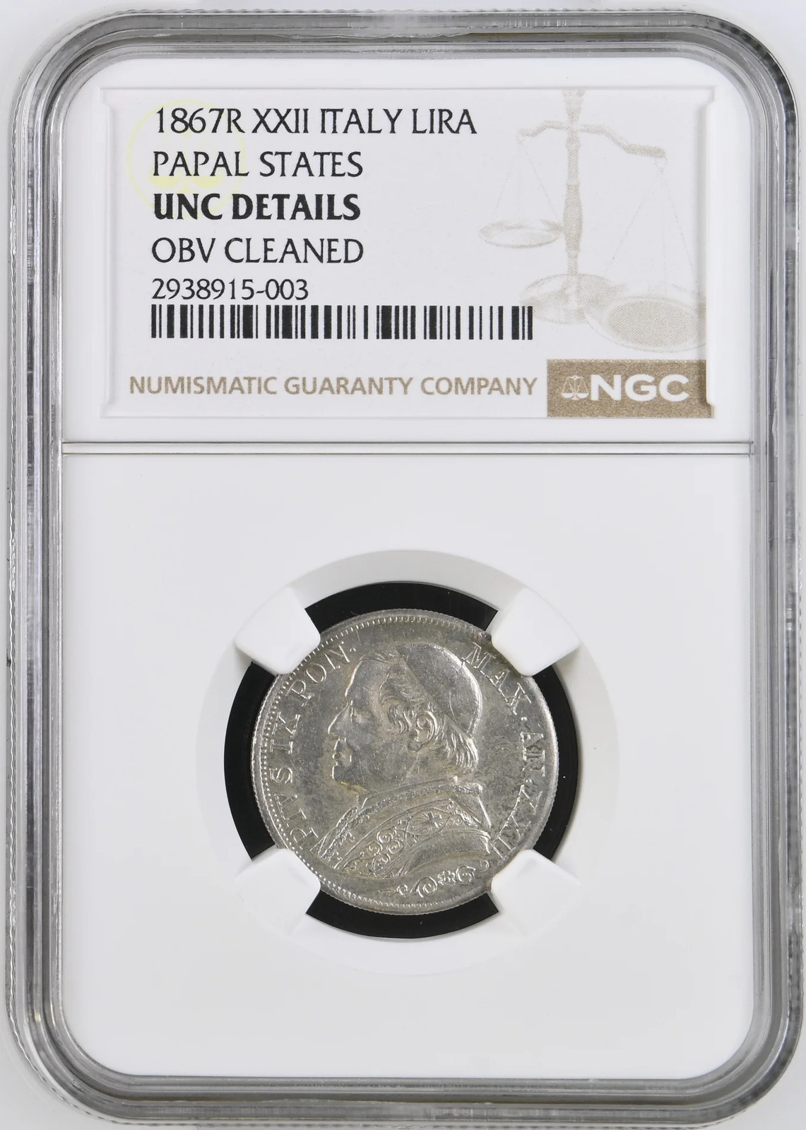 1867-R ITALIAN STATES Silver LIRA NGC UNC Details R XXII PAPAL STATES