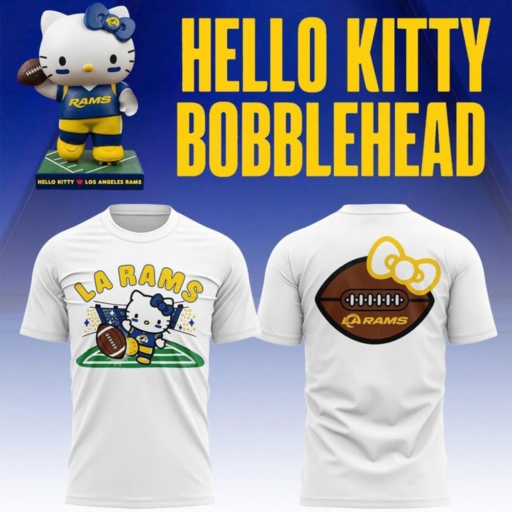 SO HOT  Rams Hello Kitty Bobblehead 2026 White Gift Fan Tee Size S-4XL