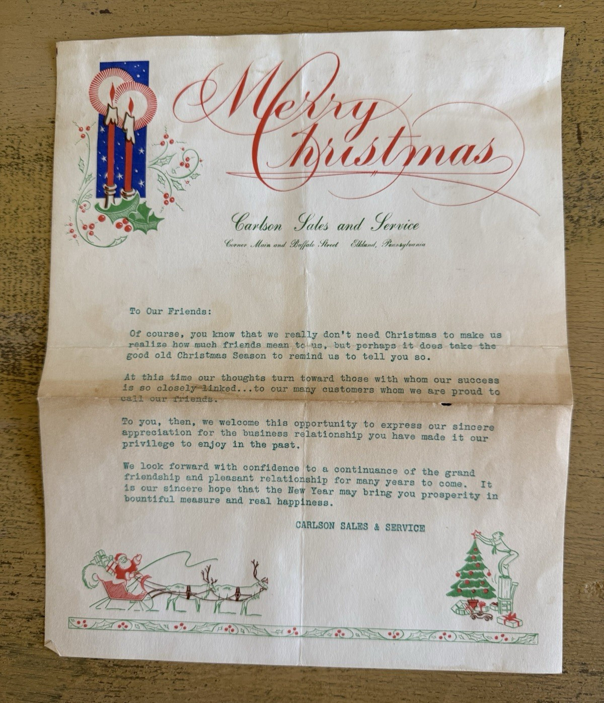 Vintage Elkland Pennsylvania Christmas Letter Carlson Sales And Service DAMAGE Vintage Elkland Pennsylvania Christmas Letter Carlson Sales And Service DAMAGE