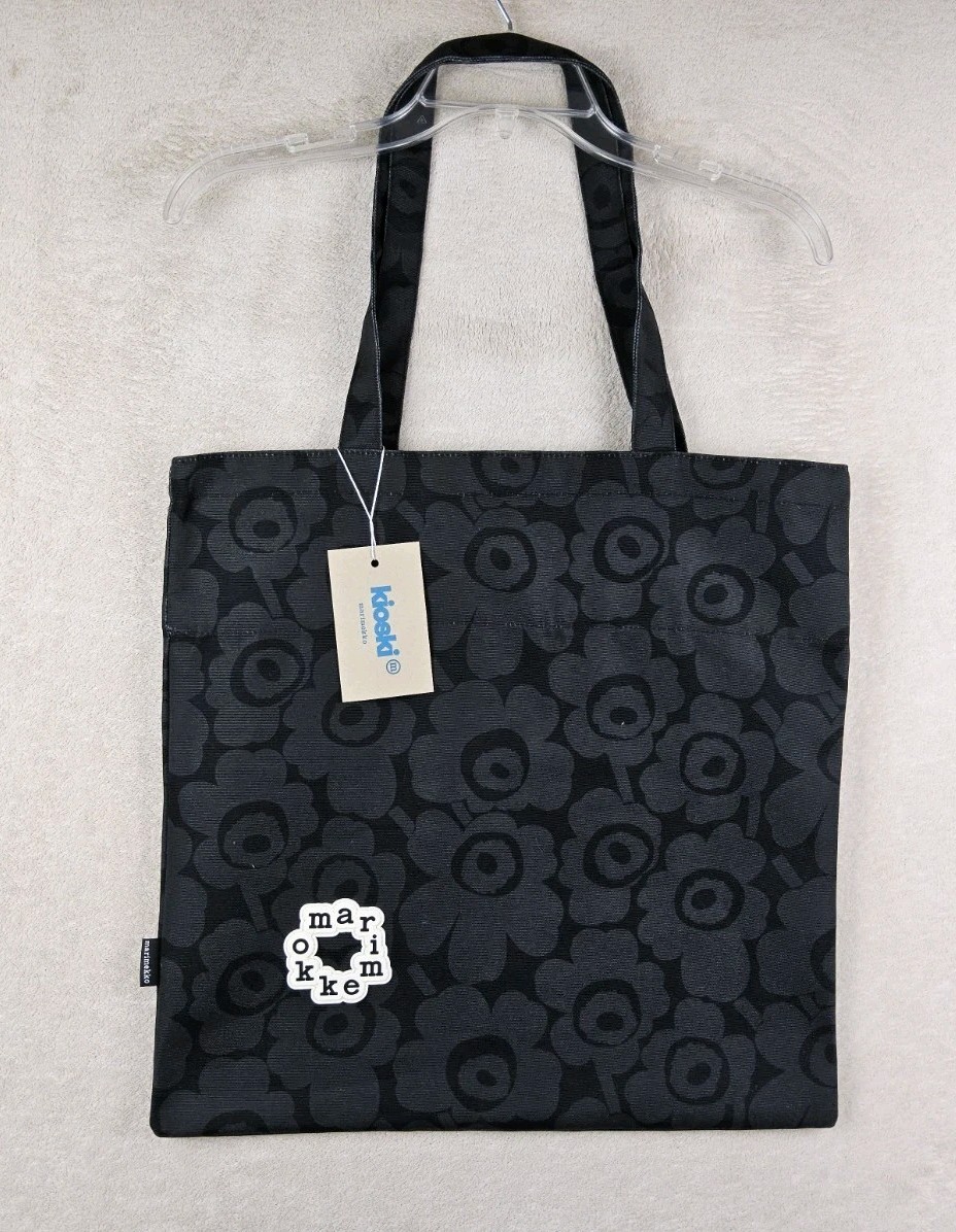 Marimekko Kioski Metka Mini Unikko Black Floral Canvas Tote Bag NWT Logo Patch