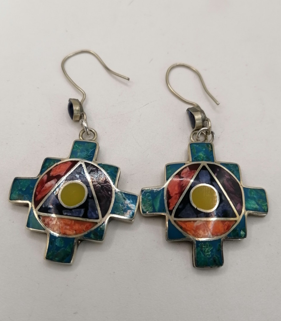 Alpaca Earrings for Women, Natural Stone Inlaid Inca Chakana