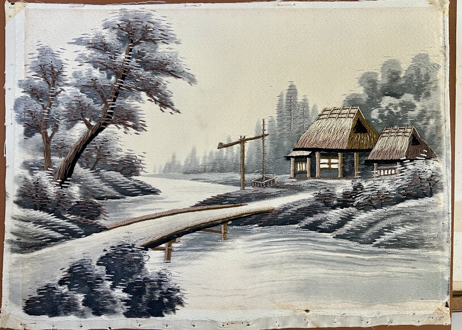 Vtg Japanese Silk Embroidered Landscape River Cabin Trees Unframed 15x11 *READ Vtg Japanese Silk Embroidered Landscape River Cabin Trees Unframed 15x11 *READ
