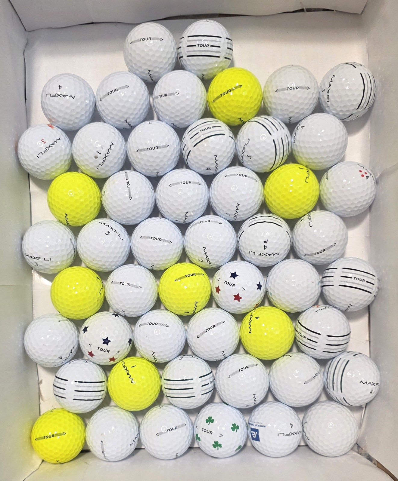 50 Maxfli TOUR White & Yellow 5A/4A Near Mint Used golf balls 50 Maxfli TOUR White & Yellow 5A/4A Near Mint Used golf balls