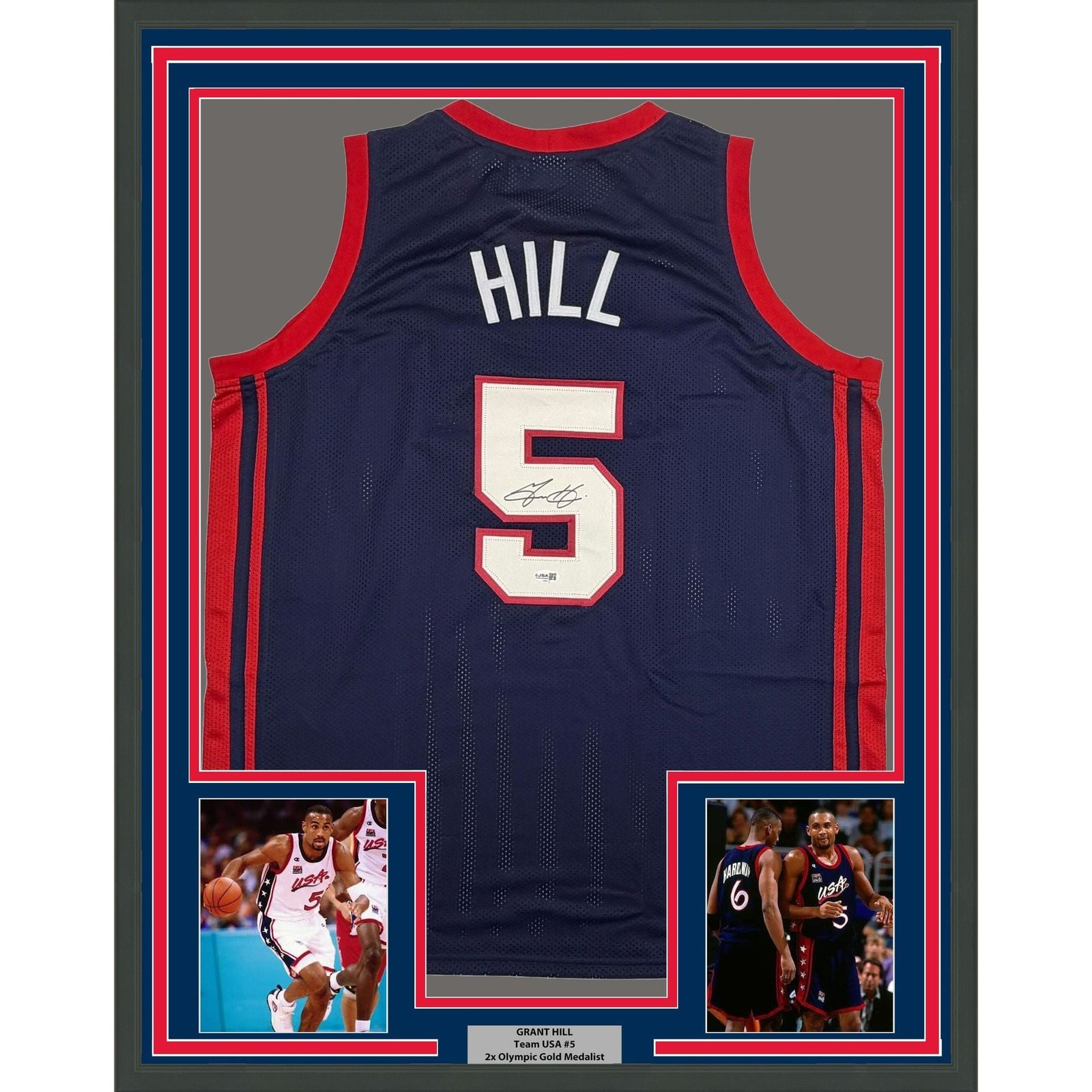 Framed Autographed/Signed Grant Hill 35x39 USA Olympics Blue Jersey JSA COA