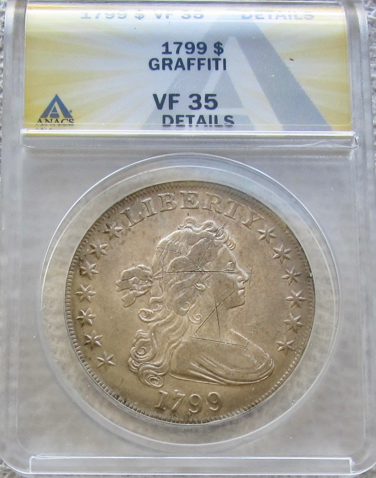 1799 Draped Bust Silver Dollar Rare Key Date ANACS VF 35 Detail Graffiti 1799 Draped Bust Silver Dollar Rare Key Date ANACS VF 35 Detail Graffiti
