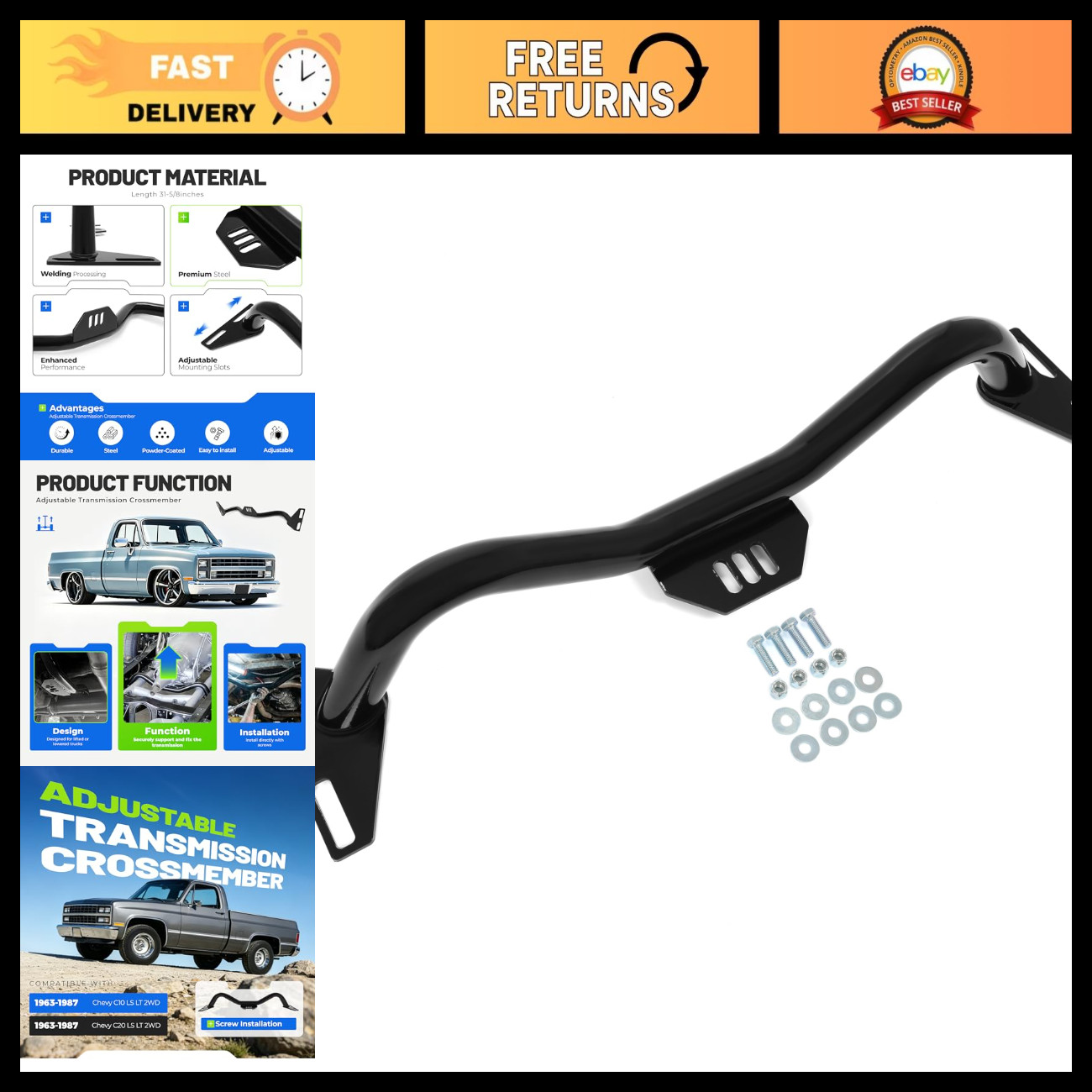 Transmission Crossmember for 1963-1987 C10 C20 LS Swap - Heavy Duty, Easy Instal Transmission Crossmember for 1963-1987 C10 C20 LS Swap - Heavy Duty, Easy Instal