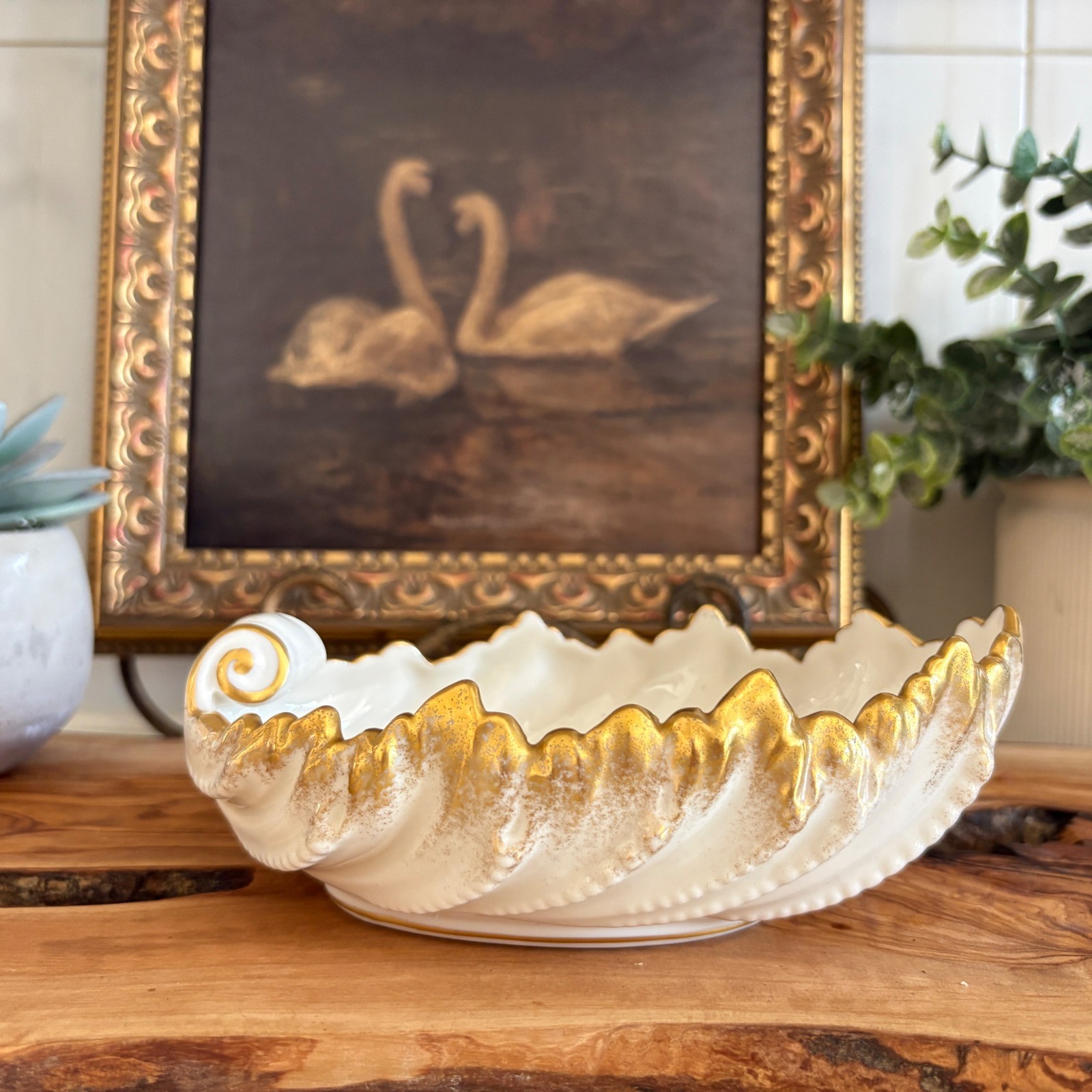 Vintage Lenox USA Porcelain Shell Dish Gold Ivory Nautilus Trinket Candy Bowl 6\