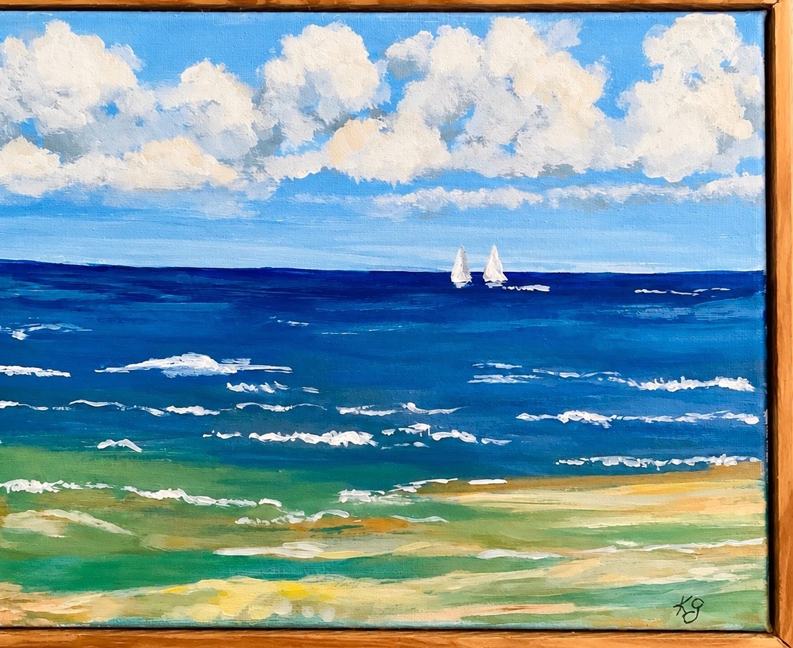 Original 8x10 Framed Ocean Seascape Painting Sailboats Coastal Beach.