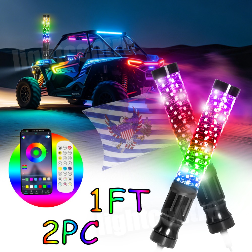 2pcs 1FT/2FT/3FT RGB LED Whip Lights Antenna Chase + Flag&Remote for ATV UTV RZR 2pcs 1FT/2FT/3FT RGB LED Whip Lights Antenna Chase + Flag&Remote for ATV UTV RZR