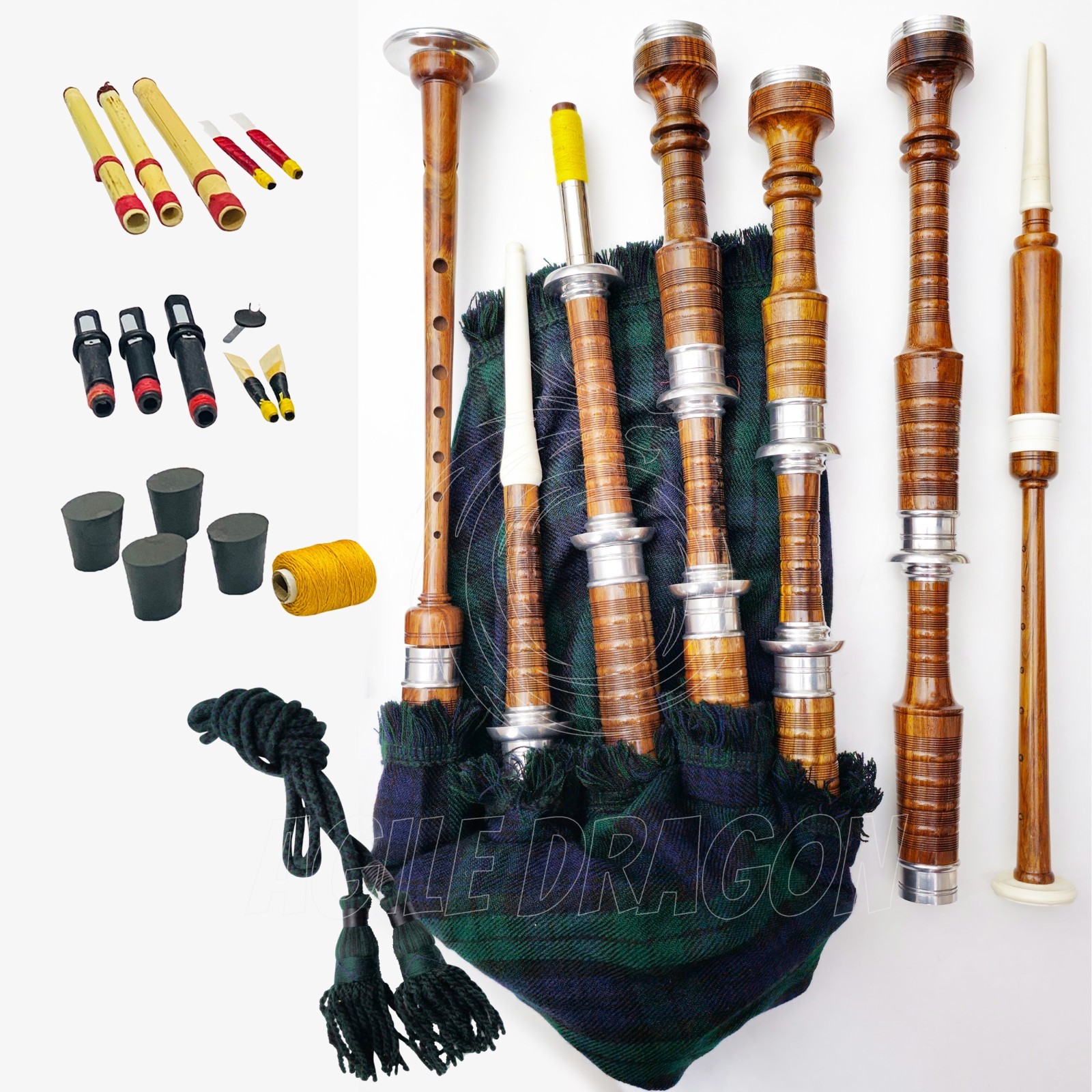Great Highland Scottish Bagpipes Natural Finish Silver Mounts With Bag Tutorbook