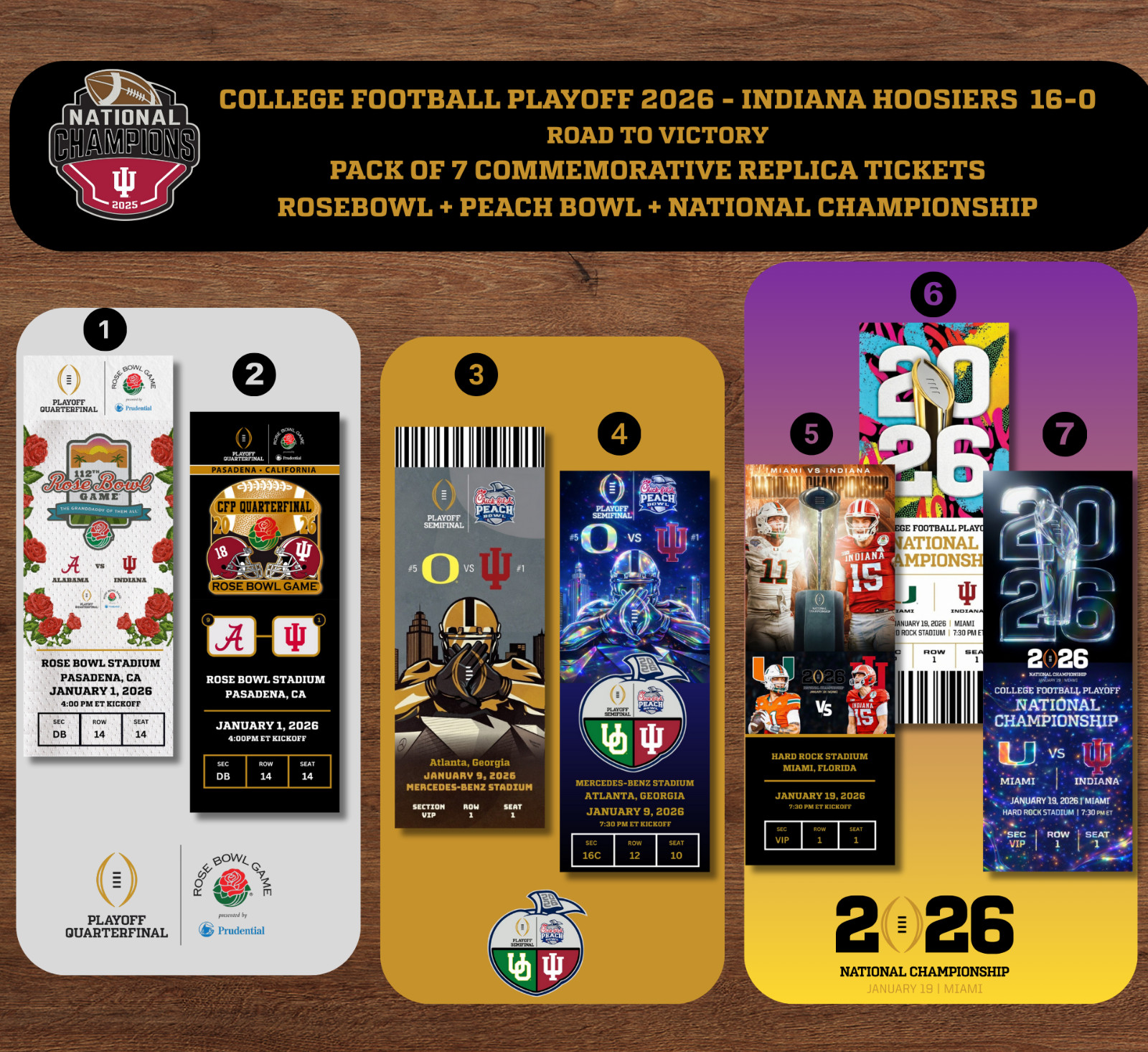 7-PACK: INDIANA HOOSIERS 2026 National Championship Custom Replica Tickets Stubs