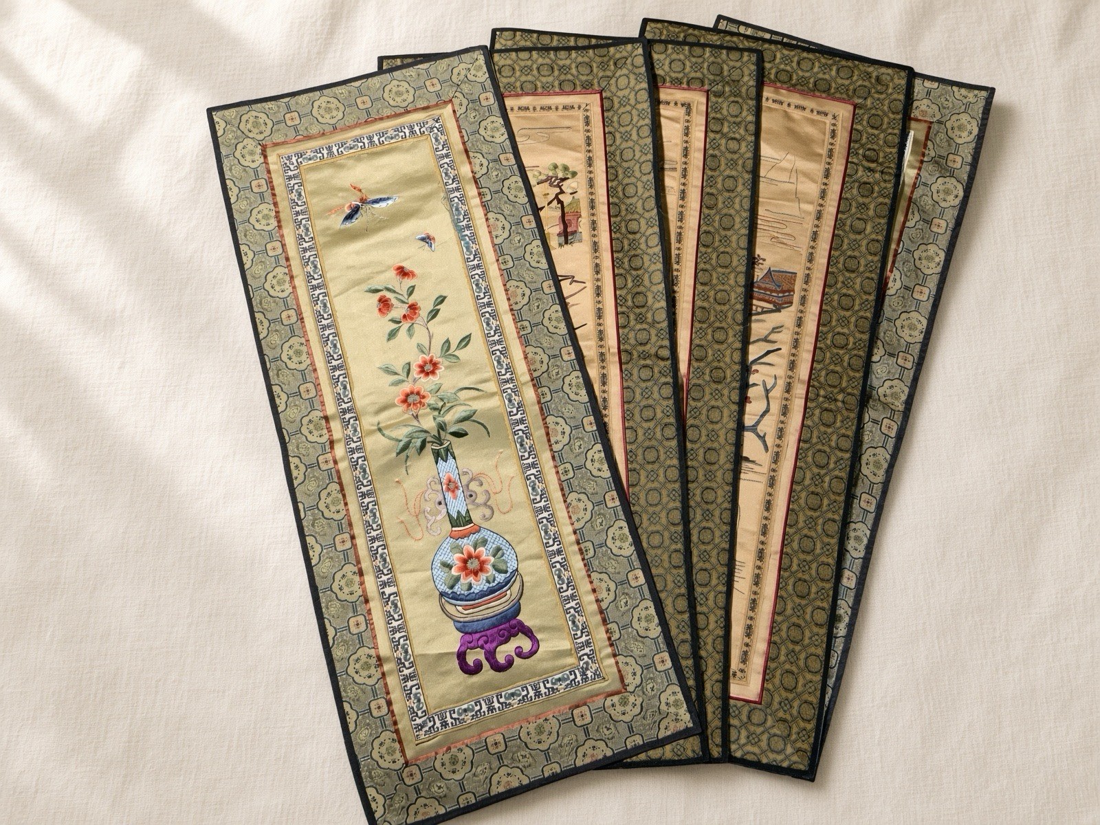 Vintage Chinese Silk Embroidery Landscape Panels Cranes Pagoda Flowers Set of 5 Vintage Chinese Silk Embroidery Landscape Panels Cranes Pagoda Flowers Set of 5