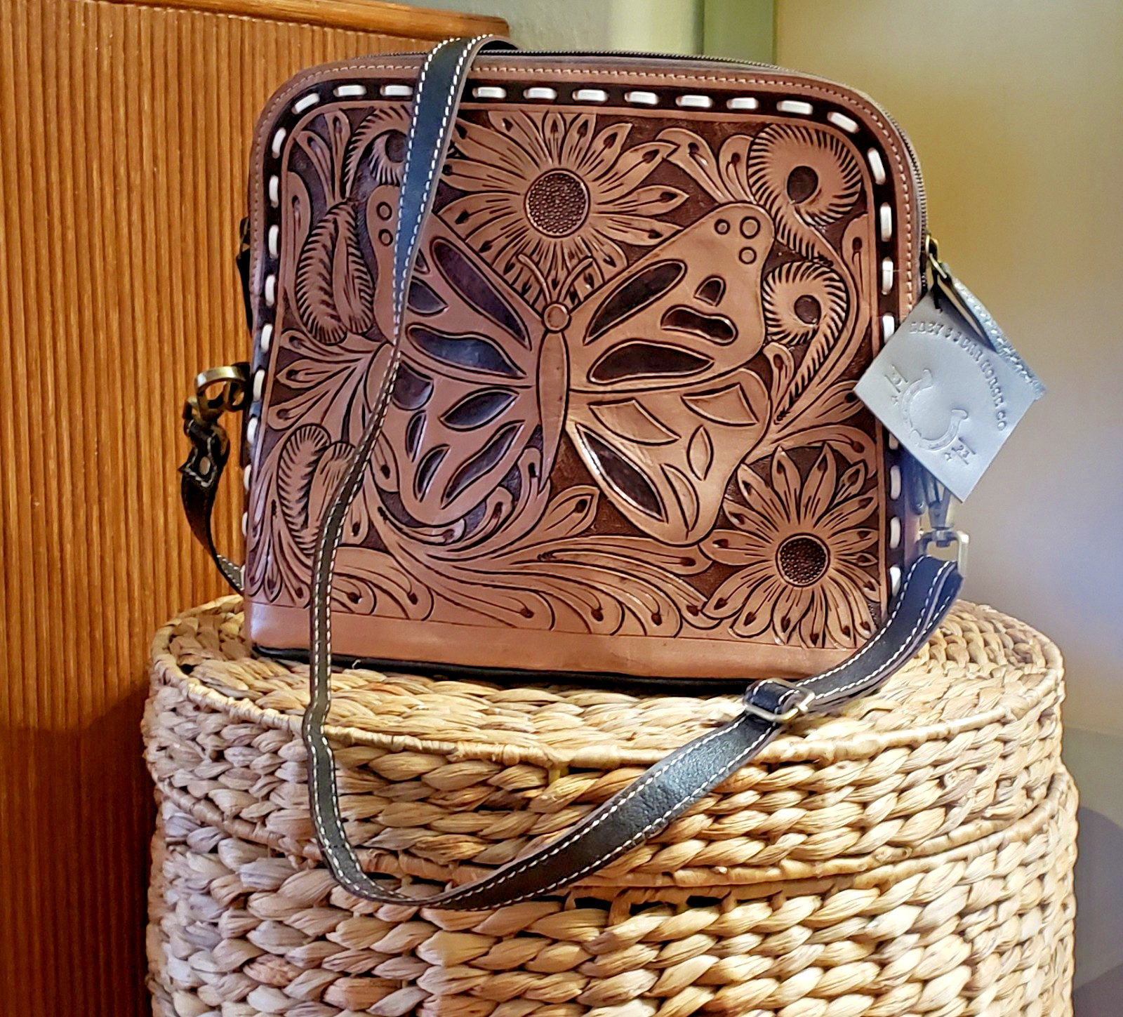 American Darling Western Hand Tooled Leather Butterfly Crossbody Bag
