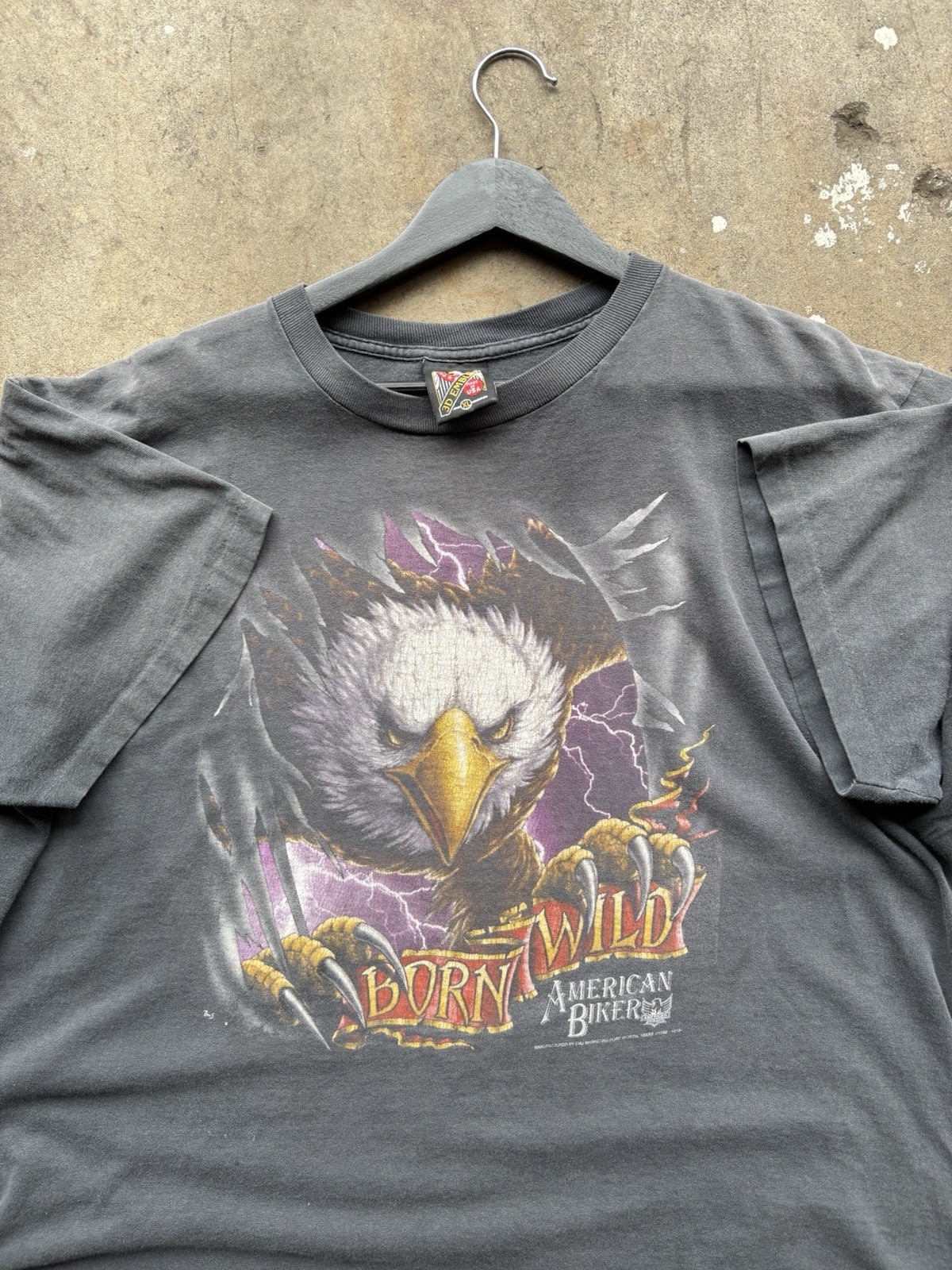 Vintage 1990s American Biker 3D Emblem Lightning Eagle Faded Tee Shirt Large
