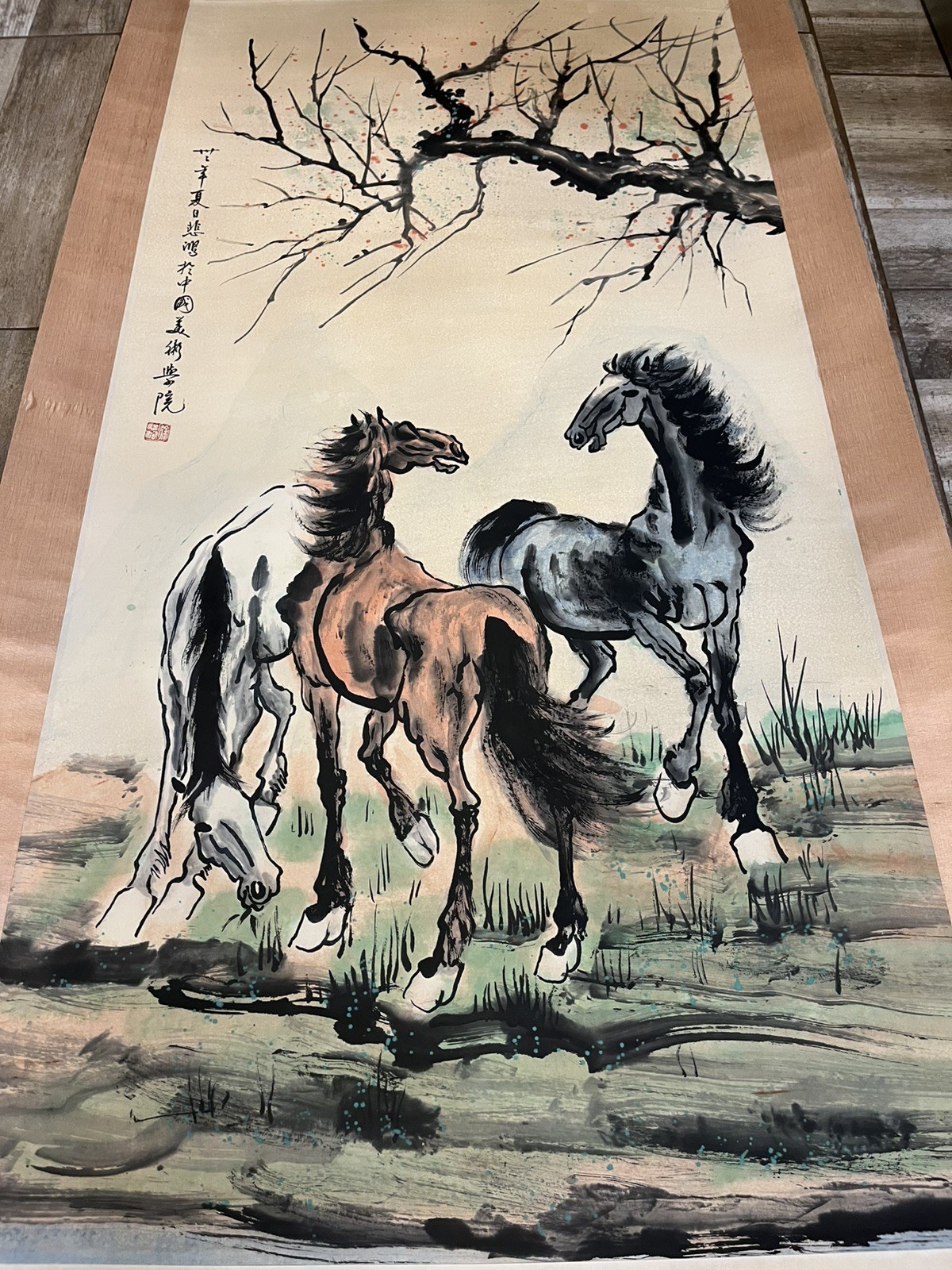 Vintage Large Chinese Hanging Scroll Painting 3 Horses Ink & Wash Art Signed Vintage Large Chinese Hanging Scroll Painting 3 Horses Ink & Wash Art Signed