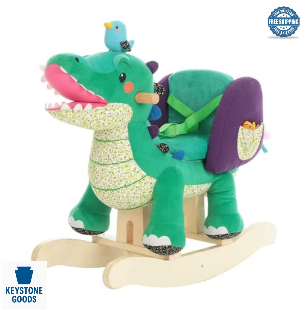 Dinosaur Rocking Horse Plush Ride On Toy Wooden Base Safety Harness Toddler 1-3